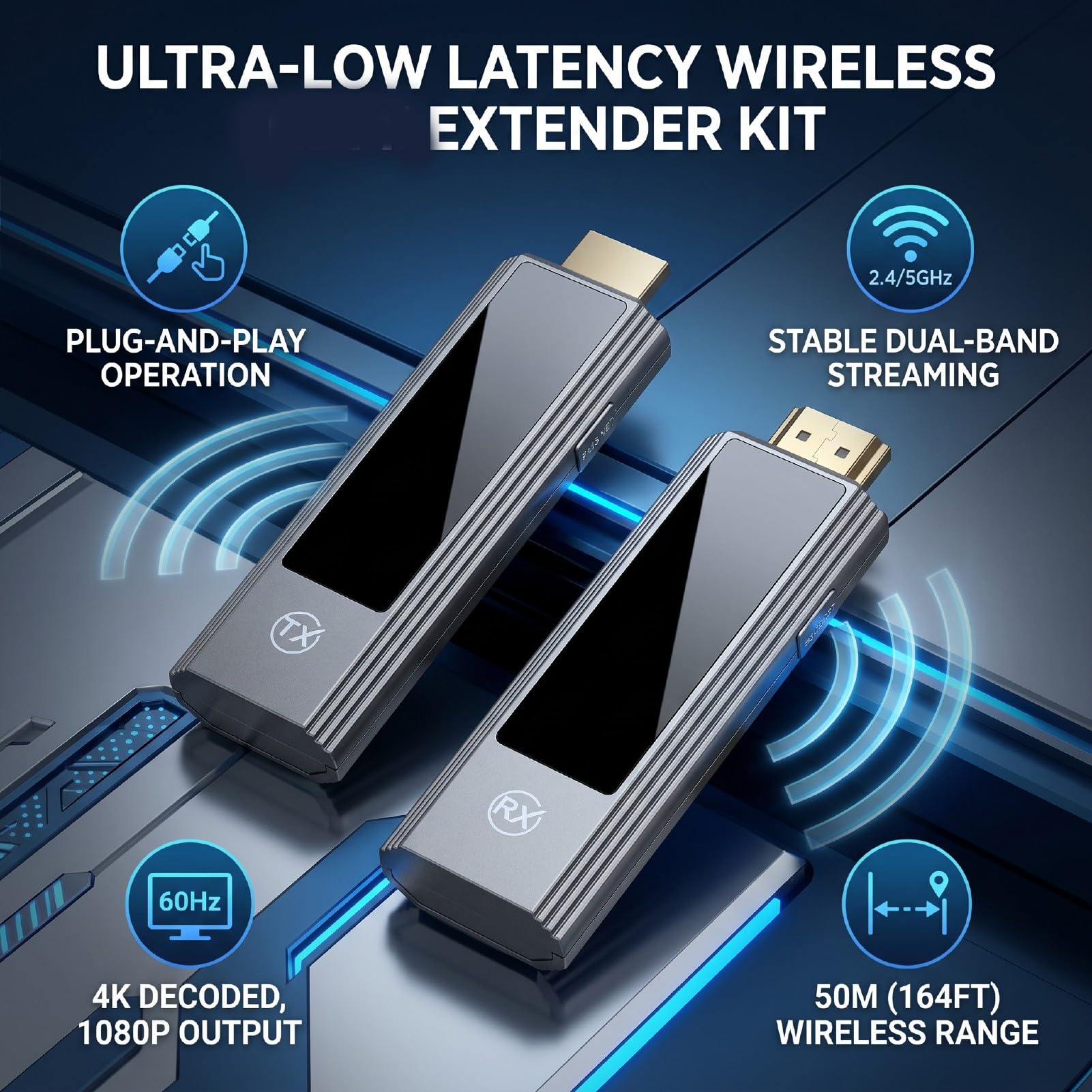 Bezprzewodowy Nadajnik i Odbiornik HDMI, Zasięg 50 M | Niskie Opóźnienia, Plug and Play, 4K do 1080P, Dwuzakresowy 2.4G 5G, Zestaw Przedłużacza HDMI do Kamery PC TV Box