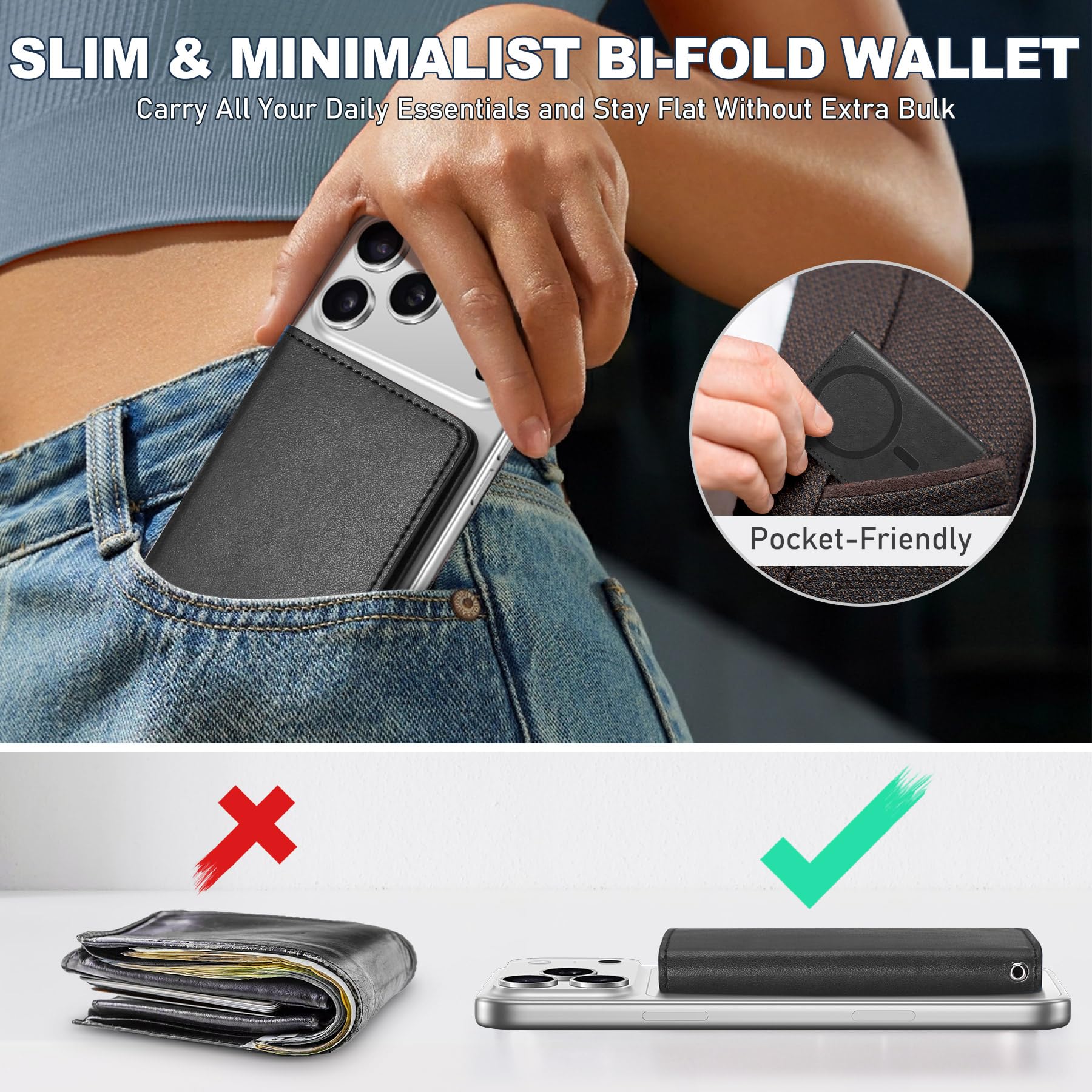 TUCCH Portefeuille Magnétique pour iPhone avec 6 Fentes Cartes, Blocage RFID [Fenêtre ID Transparente], Cuir Synthétique pour Série iPhone 17/16/15/14/13/12/Plus/Air/Pro/Pro Max (sauf Mini), Noir