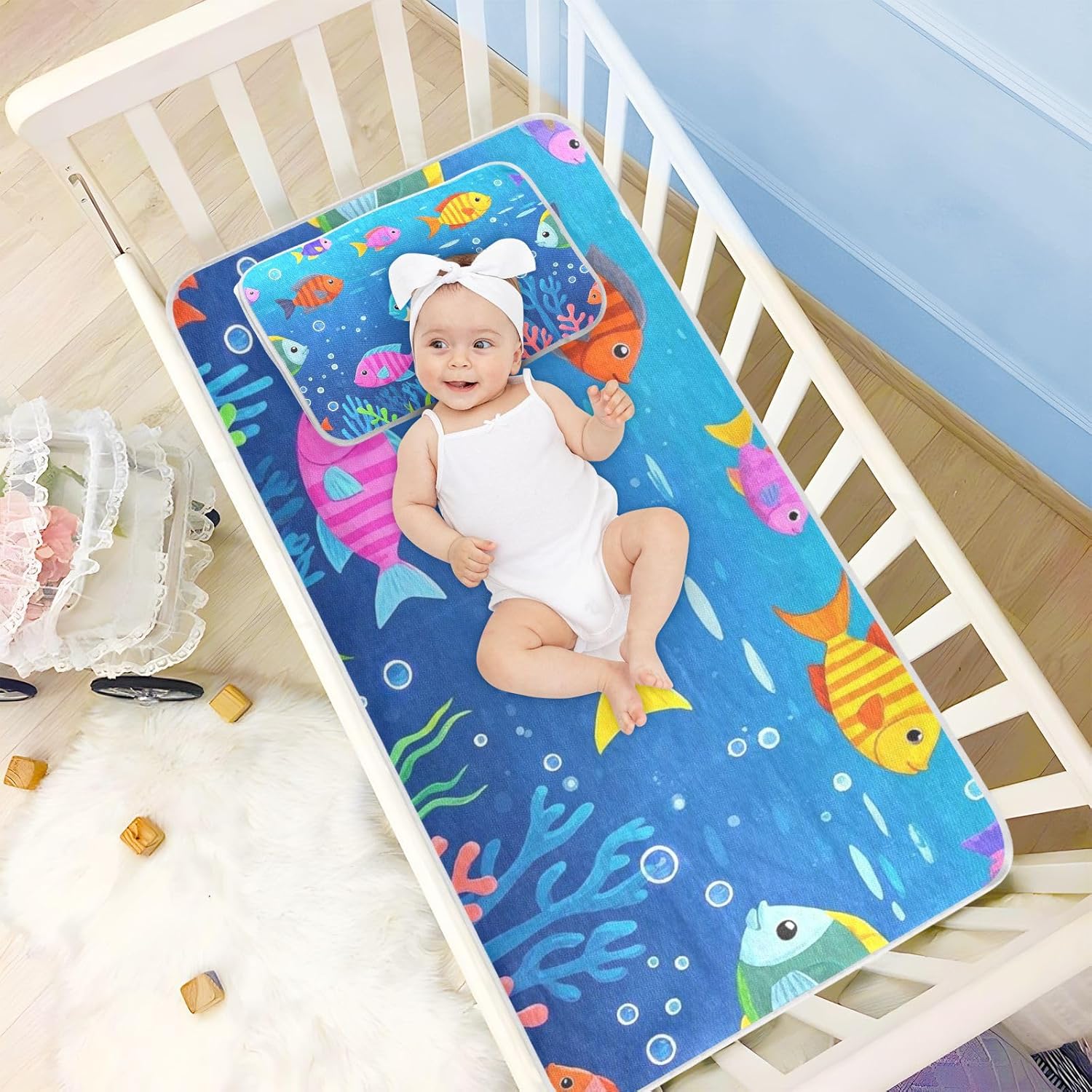 Cartoon Cute Color Fish Cooling Baby Mattress 28" x 52" Ultra Soft Mattress Protector Pads for Baby&Toddler