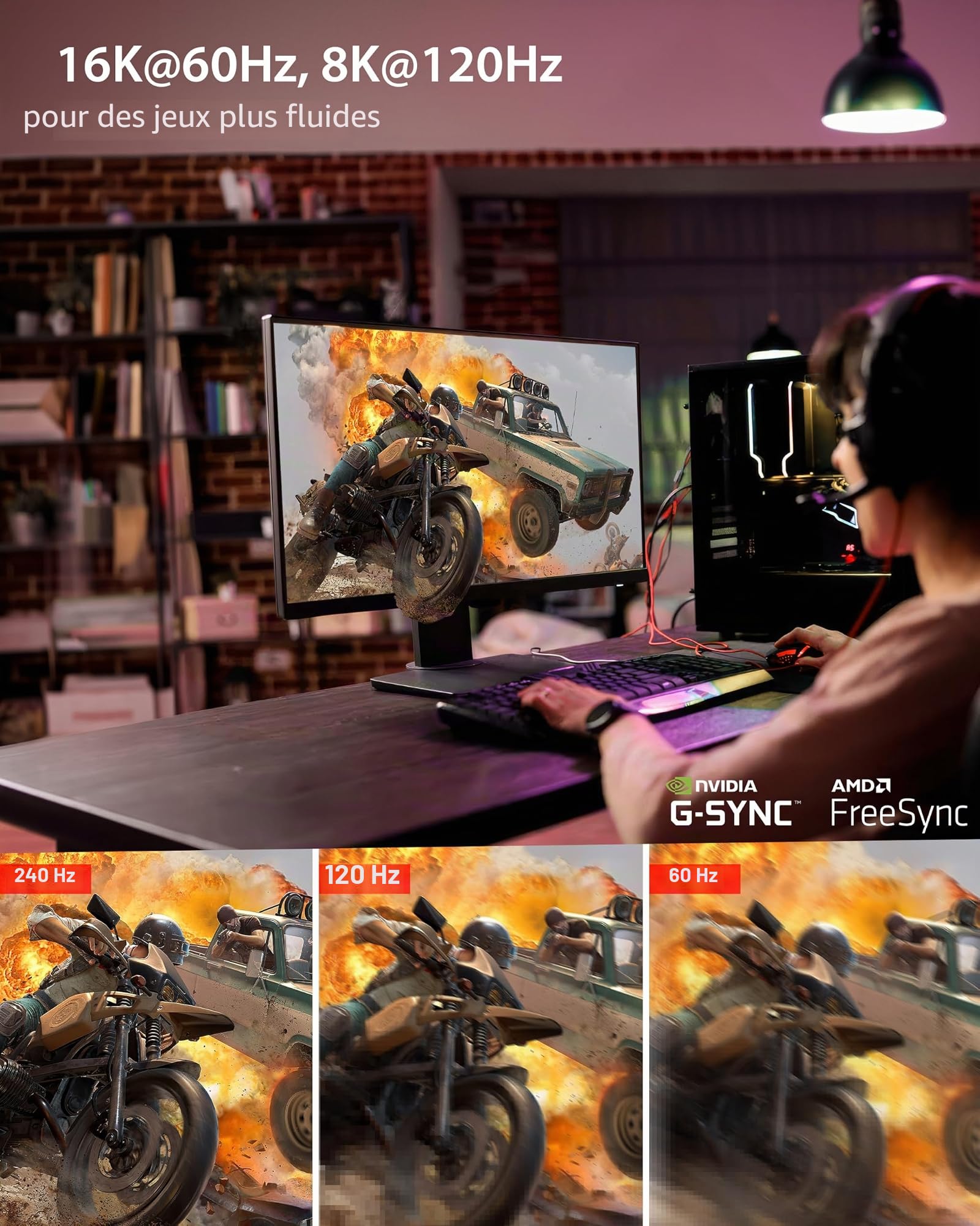Câble Stouchi DisplayPort 2.1 10M DP2.1/2.0 [16K à 60 Hz, 10K à 60 Hz, 8K à 120 Hz, 4K à 240 Hz 165 Hz 144 Hz] Prend en charge 80 Gbit/s HDR DSC1.2a FreeSync G-Sync Display Port 2.1 pour moniteur de
