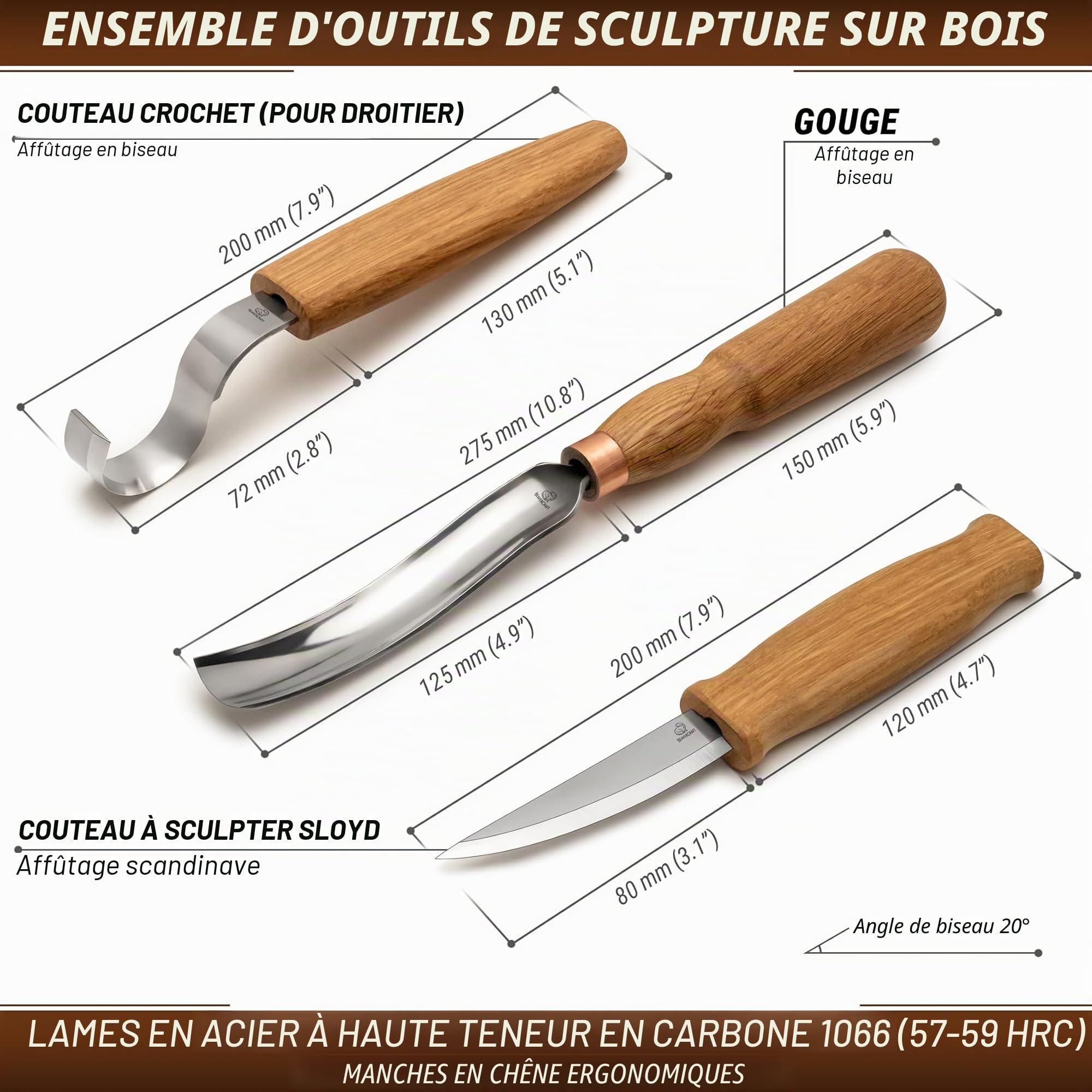 BeaverCraft Kit Couteaux Sculpture Bois S14 – Outils pour Cuillère avec Couteau Crochet, Ciseaux à Bois, Gouge Bol – Kit Sculpture Débutants, Ensemble de Taille du Bois Loisirs