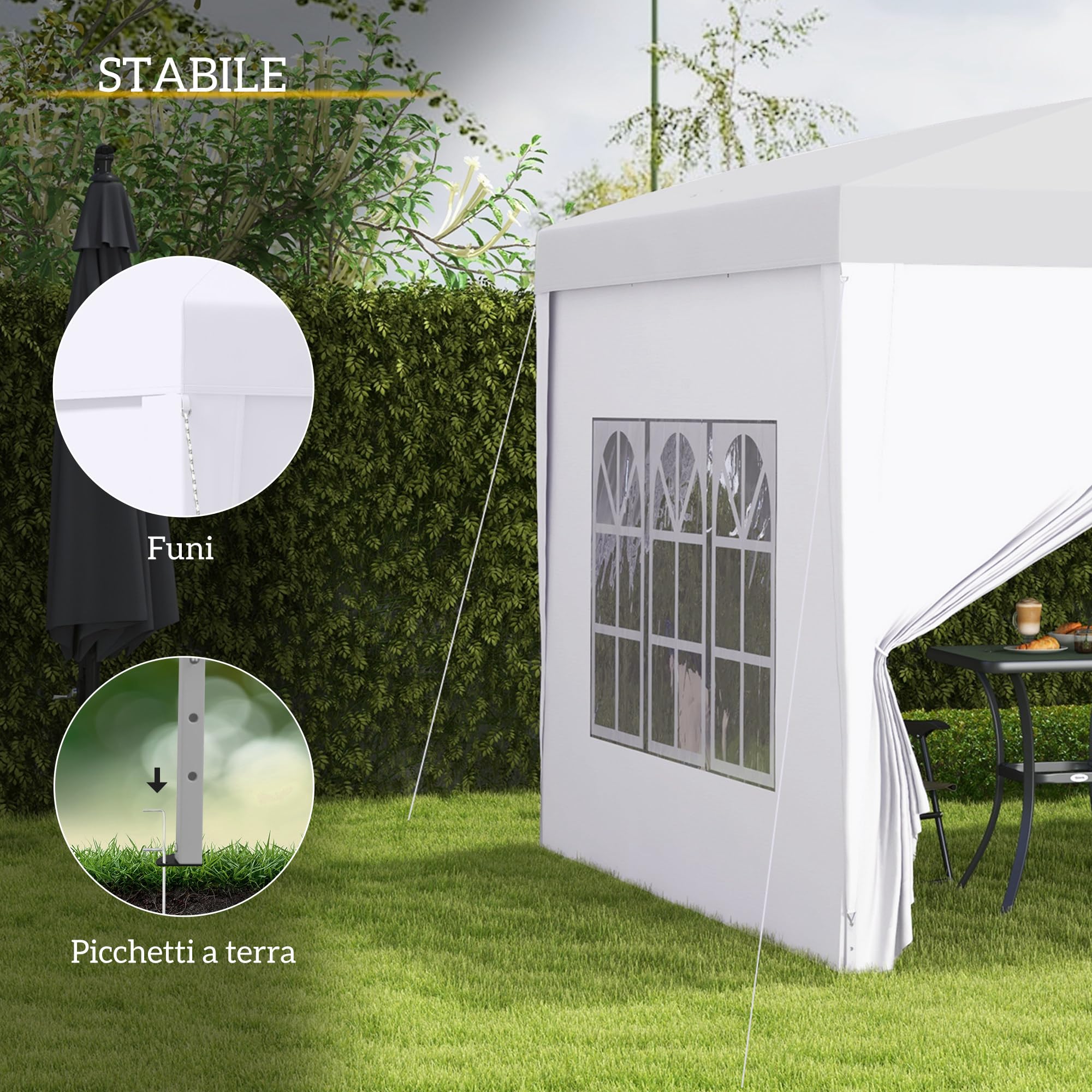 Outsunny Gazebo Pieghevole 3x3 Pop Up con 2 Porte e 2 Finestre, 4 Pannelli Laterali e Borsa da Trasporto, Gazebo da Esterno in Acciaio e Tessuto Oxford, per Giardino, Feste, Campeggio, Bianco