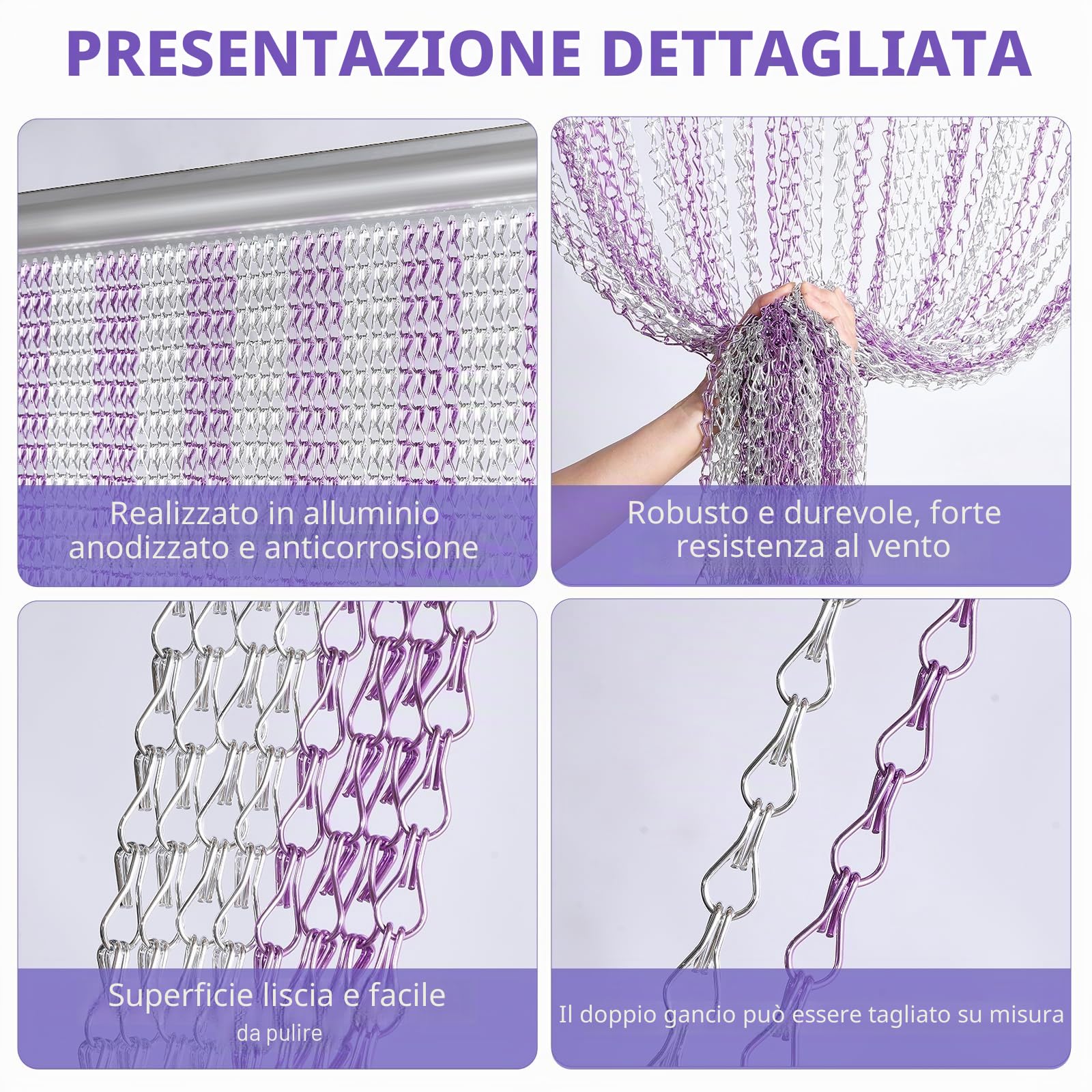 Tenda a Catena in Alluminio 90 x 200 cm Schermi per Porte a Tendina a Catena in Metallo Tenda Anti-insetti per Porte (Argento & Viola)