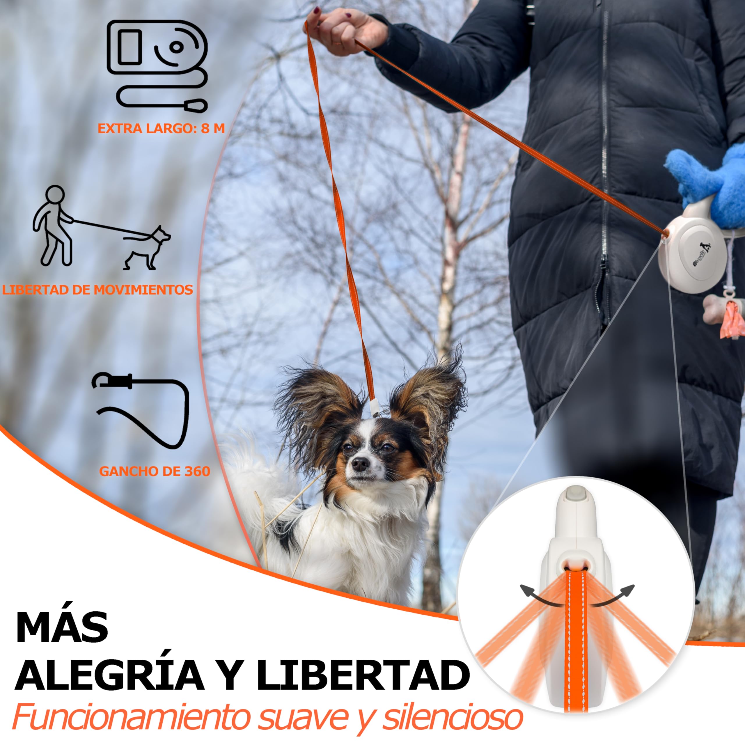 Correa Perro Extensible 8m para Perros Grandes de hasta 50kg, Correa Reflectante Naranja Brillante con Mosquetones Metálicos de 360°, Asa Ergonómica de Goma, Freno Retráctil, Blanco