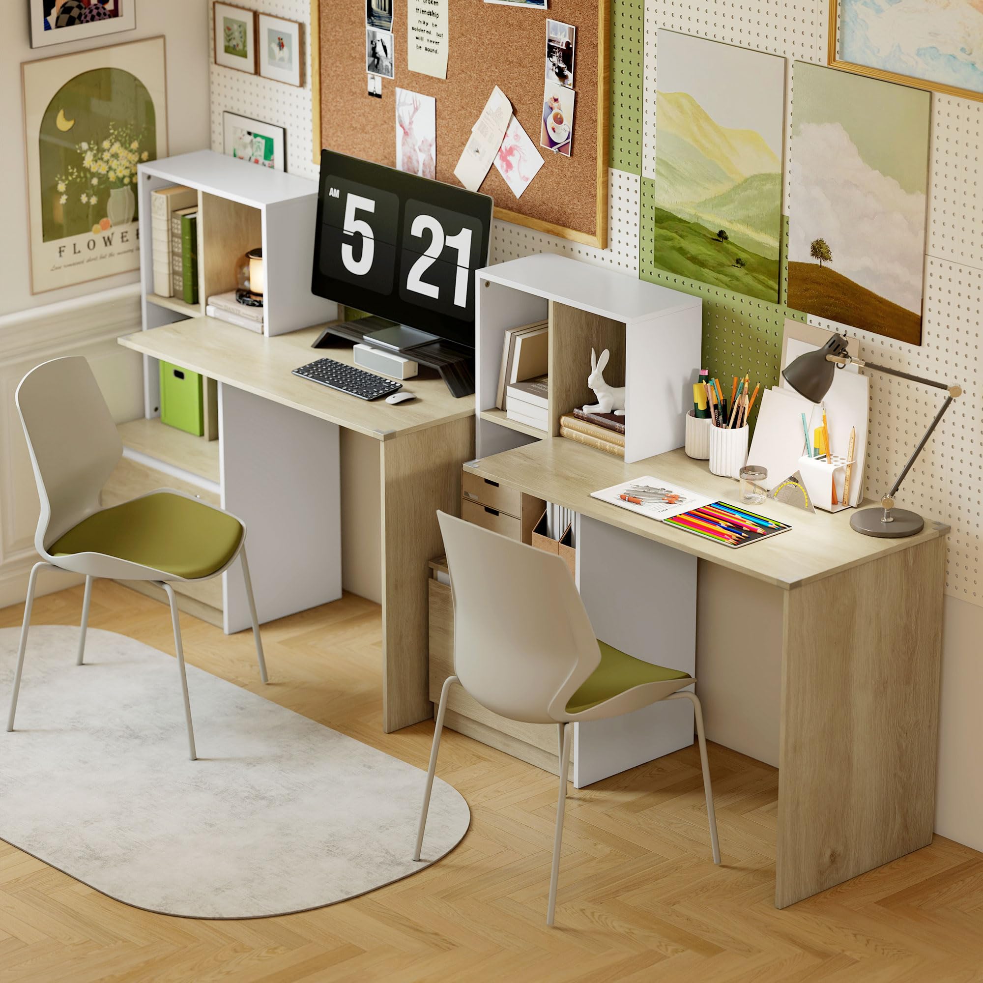 HOMCOM Bureau d'Ordinateur avec Bibliothèque, 4 Compartiments et Tiroir Verrouillable à Dossiers, Patins Anti-Collision, Table Informatique pour Chambre, Salle d'Étude, 126x50x109cm, Chêne et Blanc