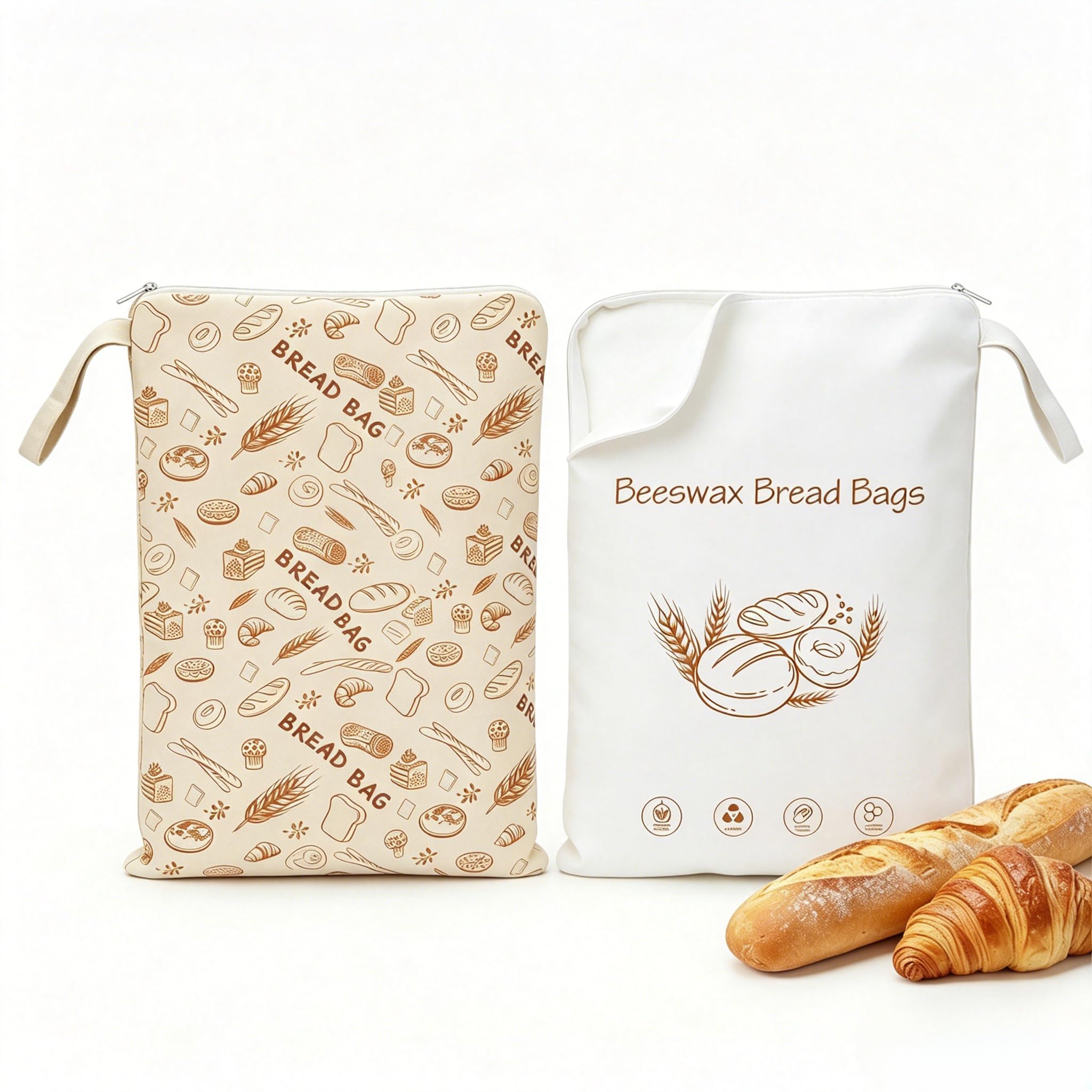 2er Set XL Beeswax Bread Bag, Sacs à Pain Cire d'Abeille Réutilisables pour Pain Maison, Sac à Pain en Lin et Coton avec Fermeture L-Zip pour Fraîcheur & Congélation