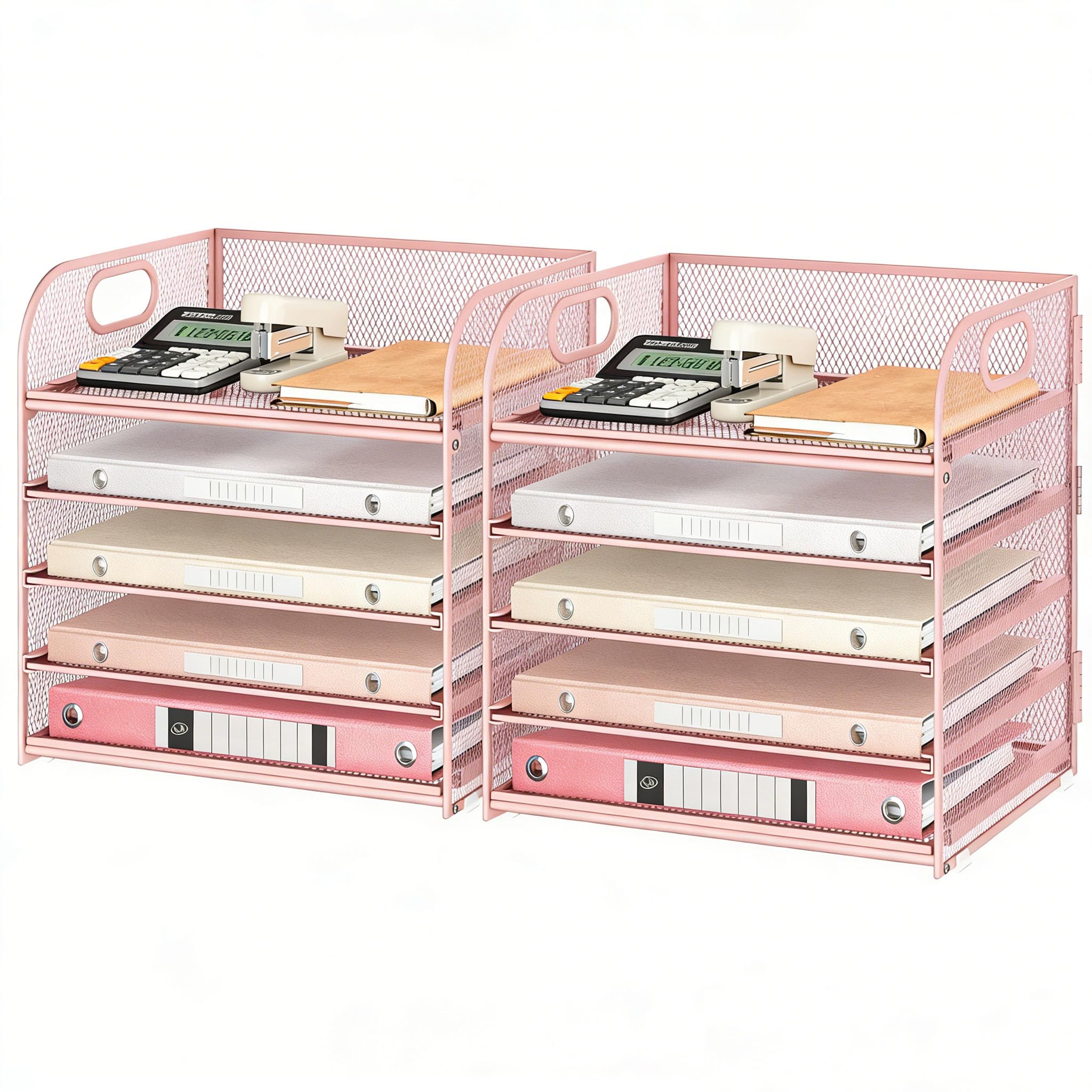 Lavatino Desk Paper Organizer with Handle, 2 Pack 5-Tier Pink Mesh Desk File Folder Holder Letter Tray Sorter Organizer for Office, Home or School