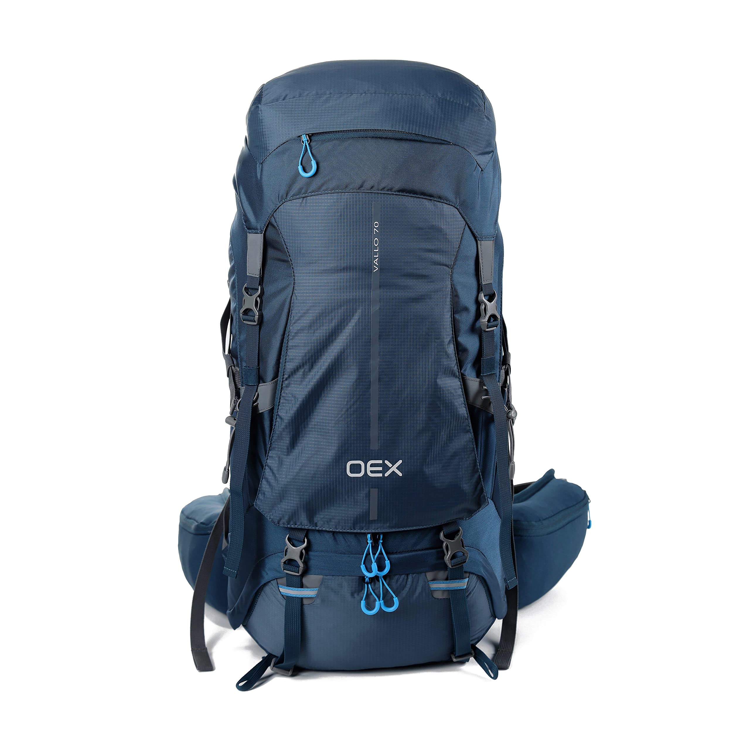 OEX Vallo 70 Litre Rucksack with Intergrated Raincover & Fully Adjustable Harness System, 70L Backpack, Bag for Men & Women, Multiple Pockets, Camping, Hiking, Trekking, Travelling, Outdoors, Blue