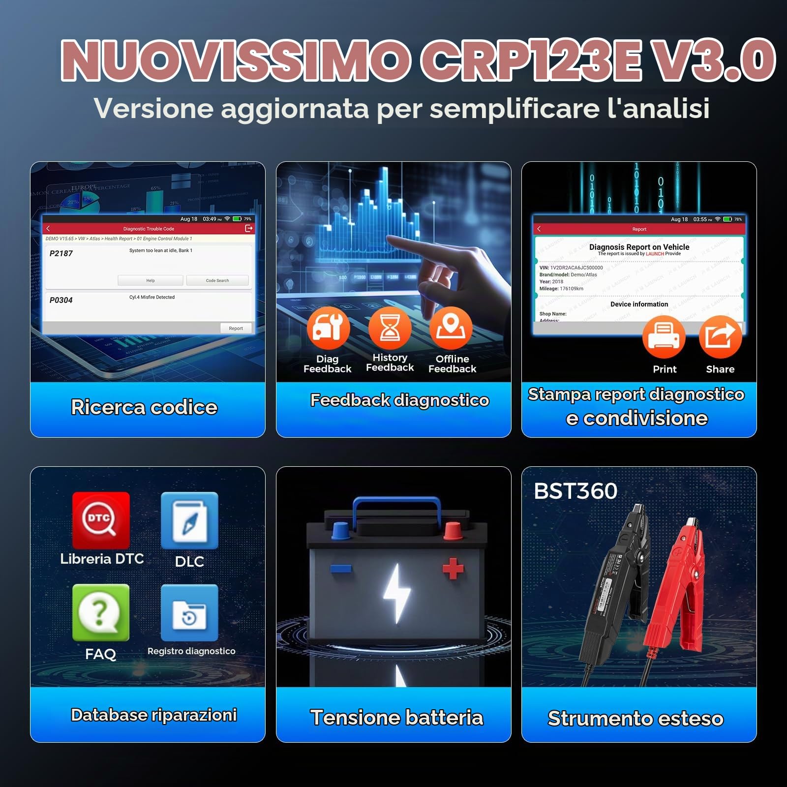 LAUNCH CRP123E V3.0 OBD2 Diagnosi Auto Italiano con 4 Sistemi ABS SRS Motore Trasmissione, 7 Reset EPB Dpf ABS BMS Olio SAS Acceleratore, Diagnostica Auto Professionale CANFD DOIP Aggiornamenti WiFi