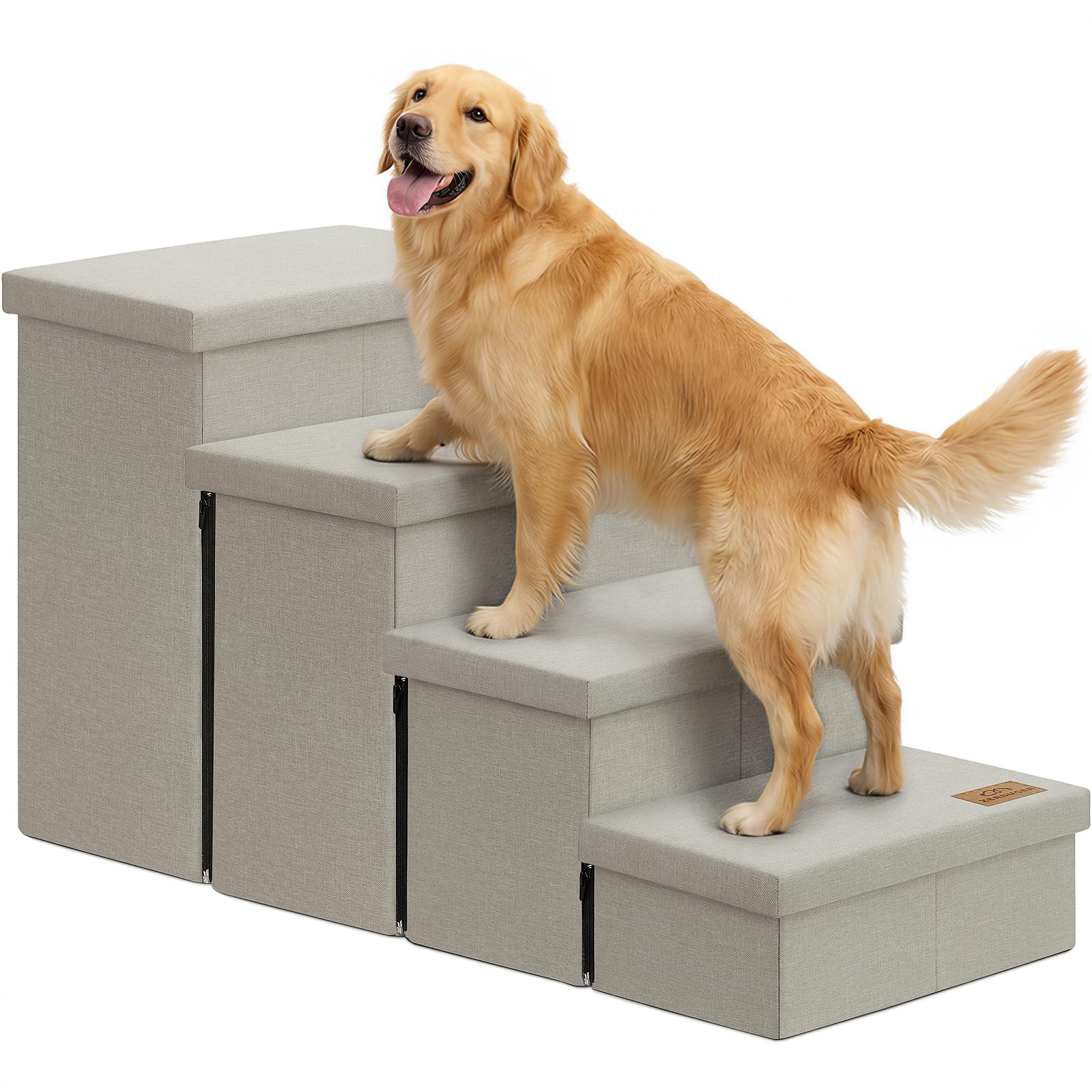 Zerbuger Dog Stairs with Storage, Beige 4 Steps Dog Ramp no Condo for Bed