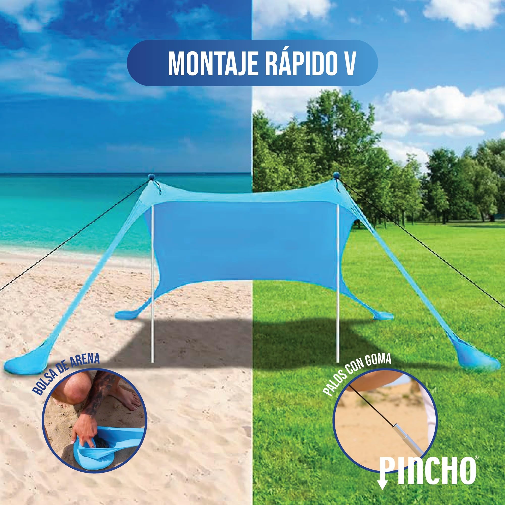 PINCHO Carpa Playa Portátil UPF50+ 210x210 cm para 2-3 Personas, Toldo Playa Plegable con Anclas de Arena, Palos de Aluminio y Refugio Solar Resistente al Viento para Camping y Jardin