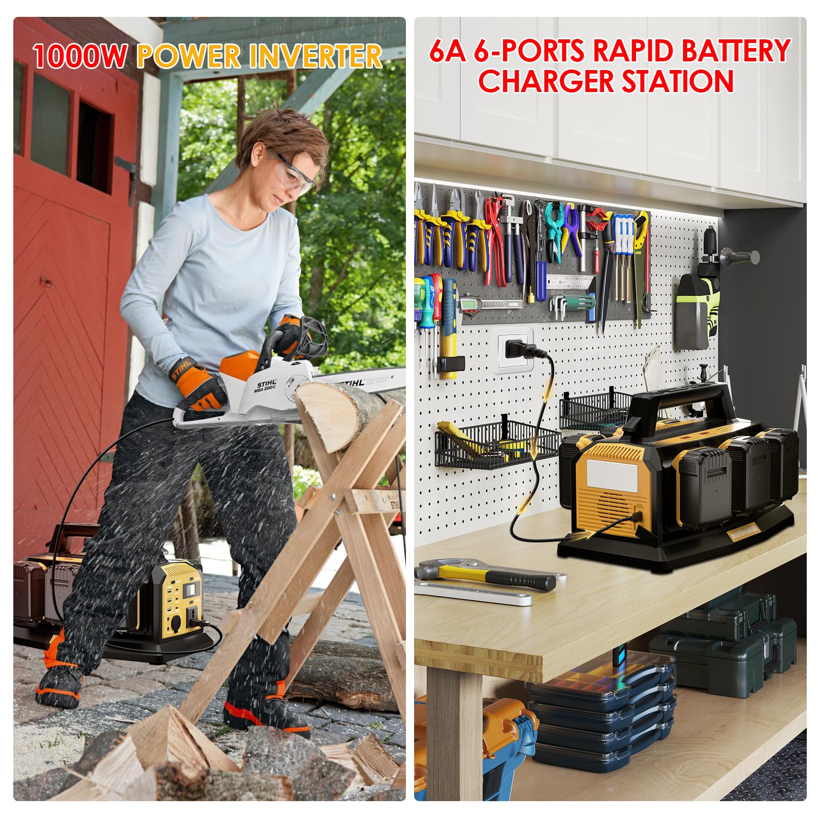 1000W Power Inverter for Dewalt 20V Battery,Compatible Battery Charger of 6 Ports Each 6A,20V to 110V Pure Sine Wave Inverter with 3 USB-A/Type-C/DC Port, Light,Cigarette Lighter Socket for Emergency