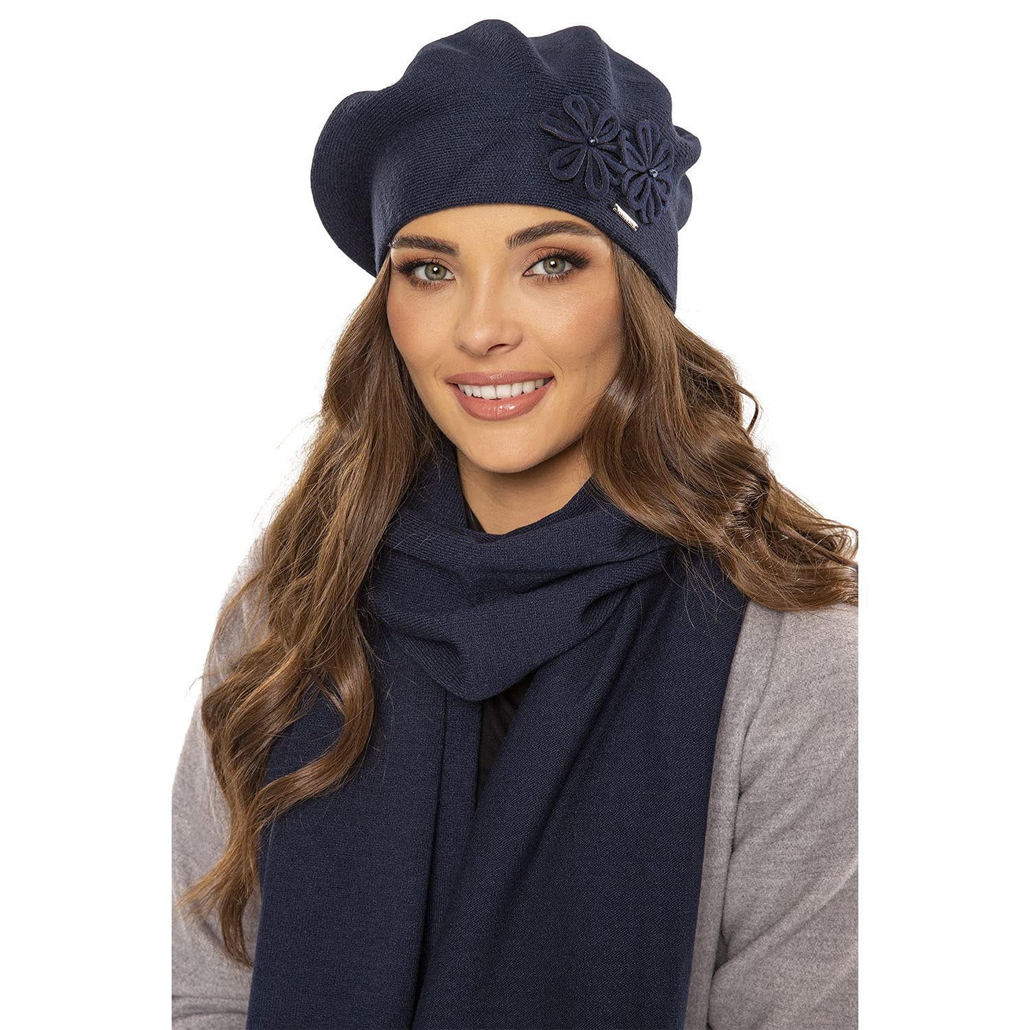 VIVISENCE Damen Baskenmütze Eleganter Wintermütze Und Schal Set Warm Kopfbedeckung Und Halsbedeckung An Winter Und Herbst Warm Dick, Winterset Für Frauen, Hergestellt In EU, Dunkelblau