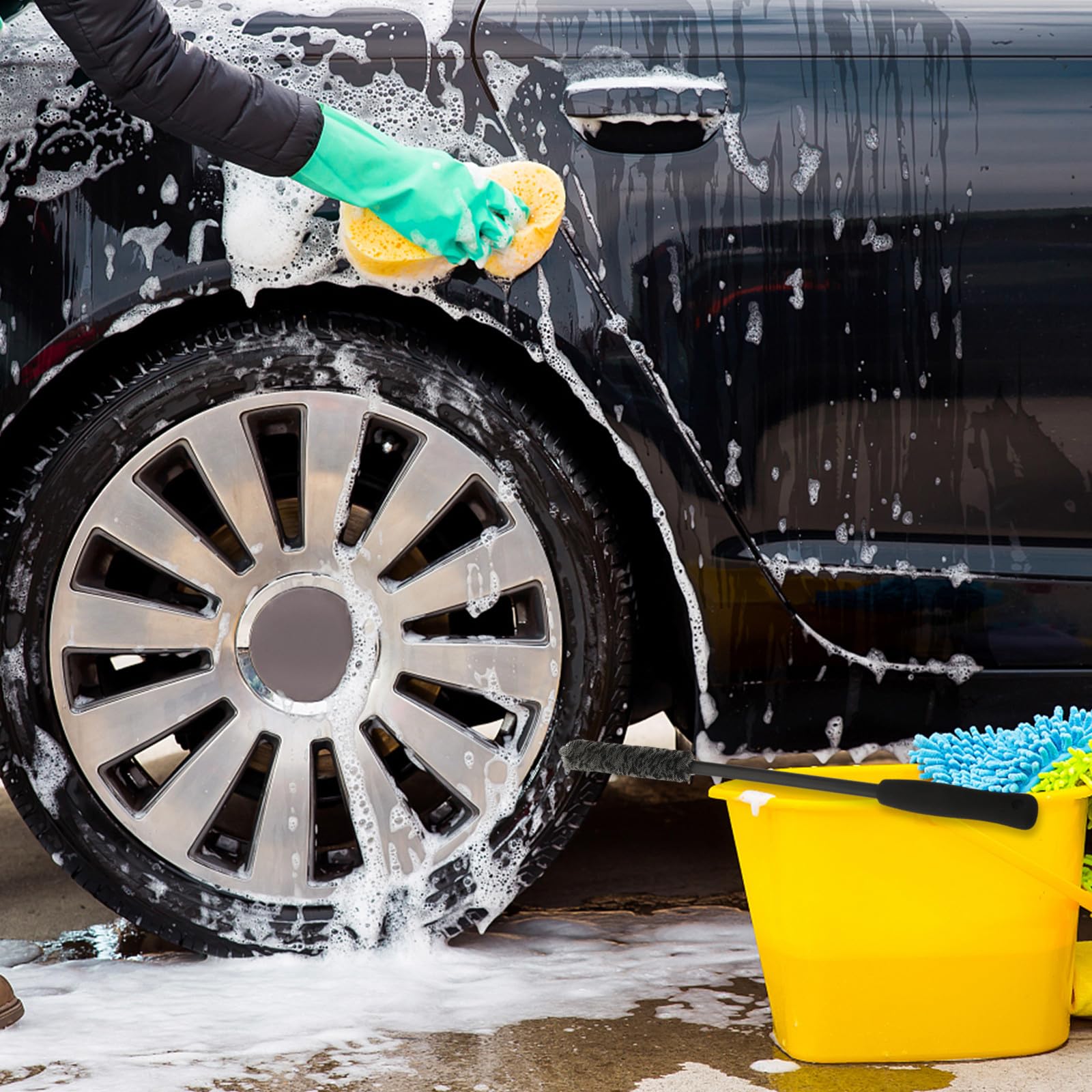 NUOBESTY Spazzola per Cerchioni Auto 2 Pezzi, Set Compatto in Fibrillato ed Eva, Leggera e Facile da Riporre, per Ruote di Auto e Camion