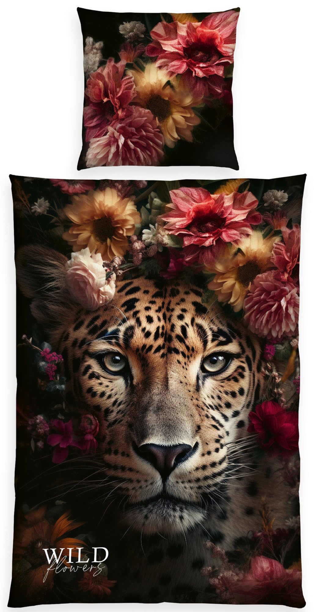 Herding Wild Flowers Leopard Bed Linen, Pillowcase Approx. 80 x 80 cm, Duvet Cover Approx. 135 x 200 cm, with Zip, 100% Cotton
