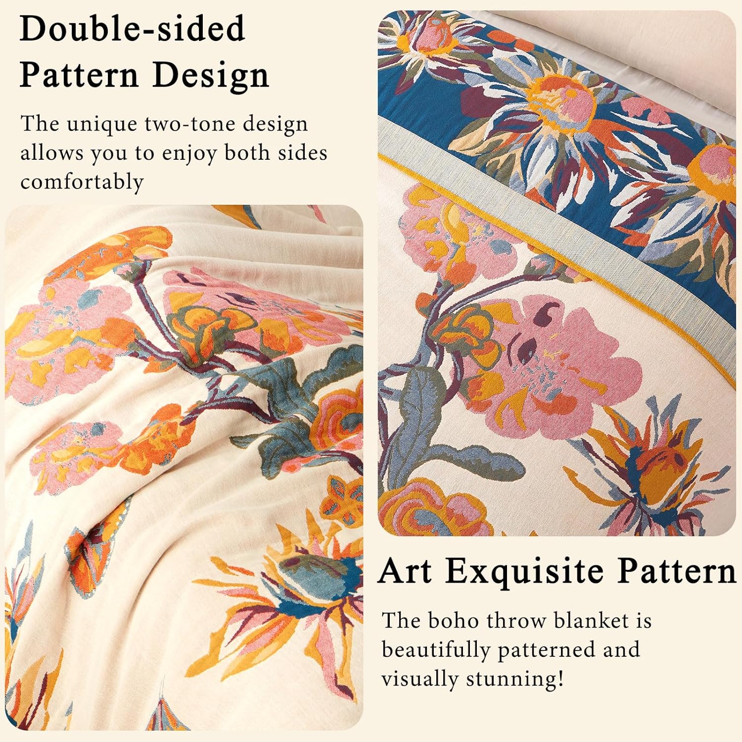 Boho Throw Blanket for Bed 60"x80", 100% Soft Cotton Bohemian Blankets with Rustic Floral Printed Decor, Fall Throw Blanket for Couch Cozy Breathable Twin Size All Season - Image 6