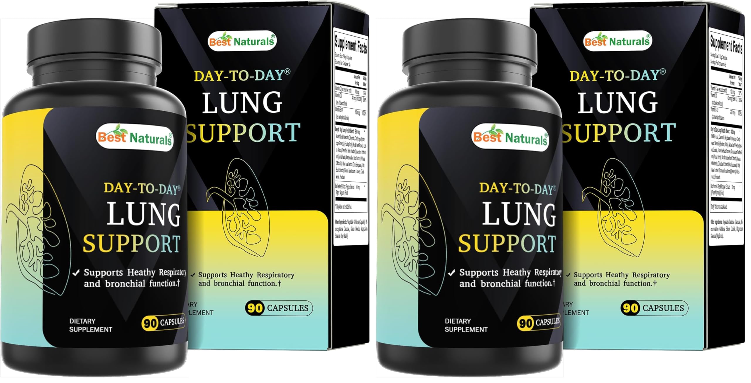 Best Naturals Day-to-Day Lung Support Supplements 90 Veg Cpasules - Made with Mullein, Quercetin, Cordyceps, Nettle, Feverfew, Marshmallow, Olive Leaf Extract (Pack of 2) 90 Count (Pack of 2)