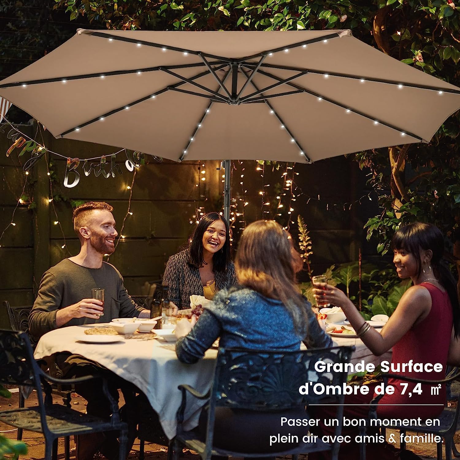 RELAX4LIFE Parasol Déporté 3x3M LED à Énergie Solaire, Parasol de Jardin Extérieur Inclinable avec Pied Incus, Imperméable à 8 Baleines, Protection UV pour Terrasse Patio Plage (Beige)