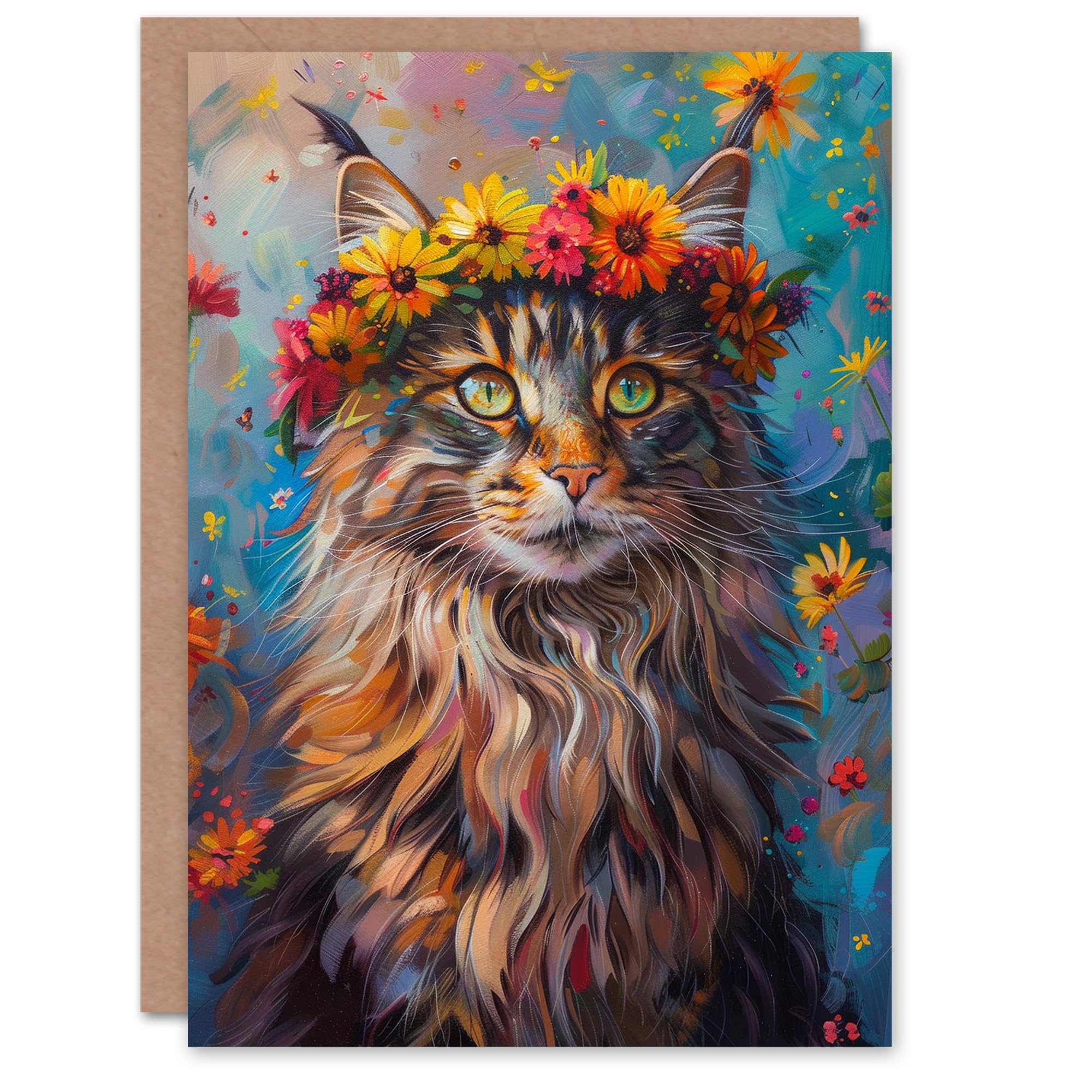 Artery8 Birthday Card Cat Lover Maine Coon Flower Crown For Her Gran Sister Niece Daughter Wife Woman Greeting Card