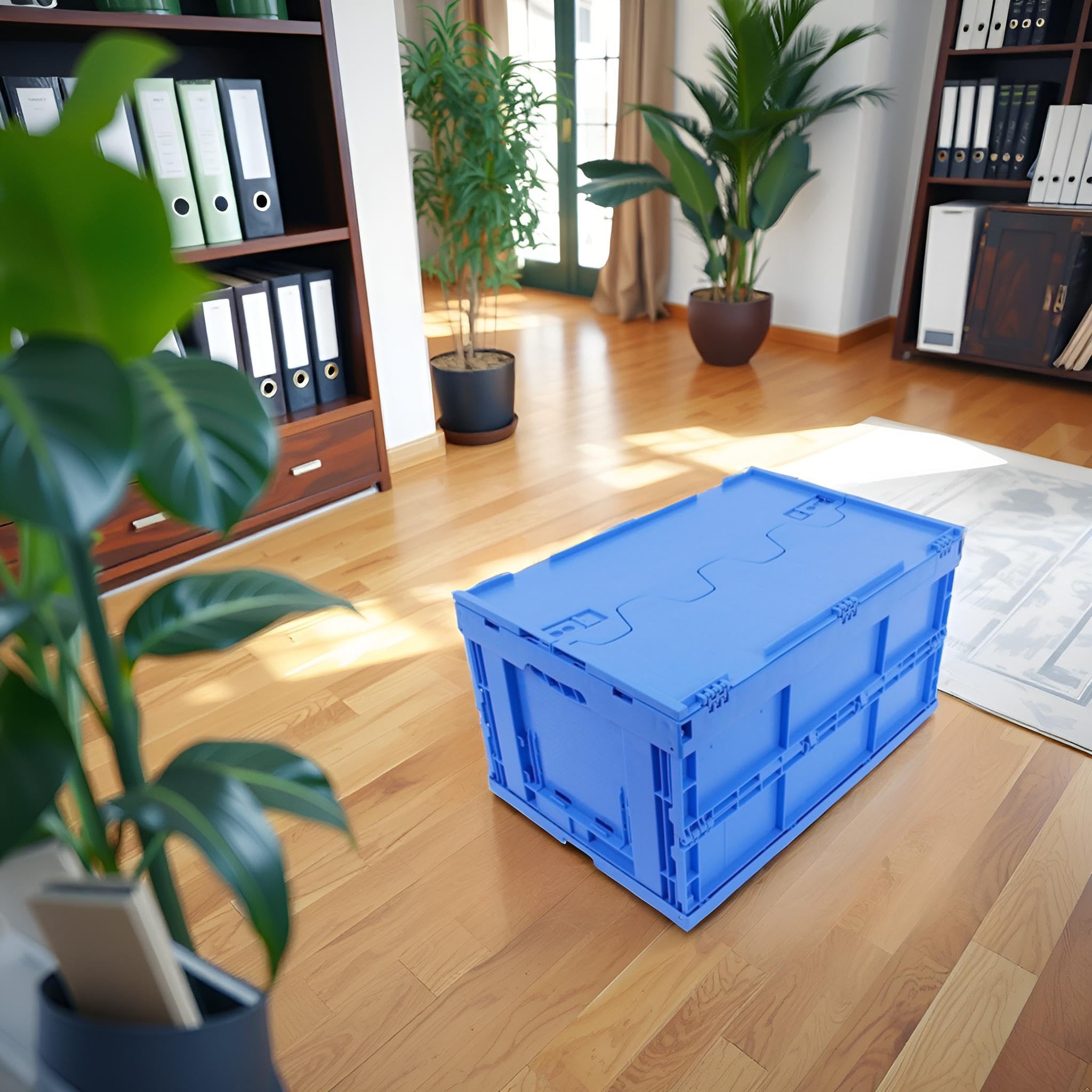 Caja plegable con tapa, resistente y grande 60L, contenedor de transporte, caja de almacenamiento para compras, Fabricada en Alemania, Etiqueta Ecológica, 60x40x33 cm, azul | Estabilidad probada por TÜV. Fabricado en Alemania