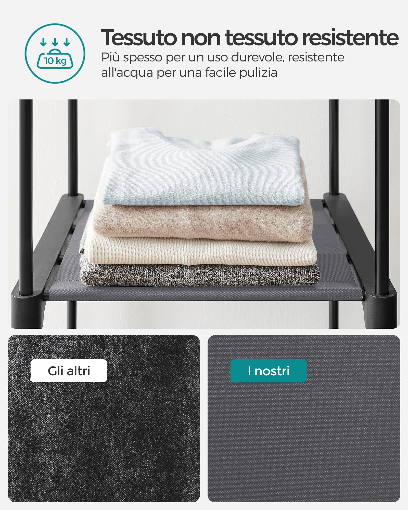 SONGMICS Armadio, Guardaroba Porta Abiti per Camera da Letto con 2 Barre Appendiabiti, Armadio Portatile in Tessuto, Pieghevole, per Armadio, 140 x 43 x 174 cm, Grigio RYG02GY.
