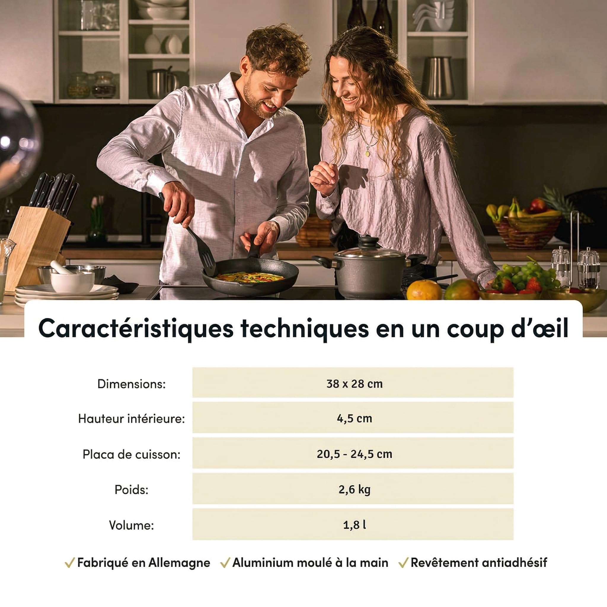 Hoffmann Poissonnière Ovale 39 x 29 cm avec Couvercle Induction I Compatible Four jusqu'à 280 C I Poêle à Schnitzel Revêtement Antiadhésif I Induction Vitrocéramique Couvercle Verre