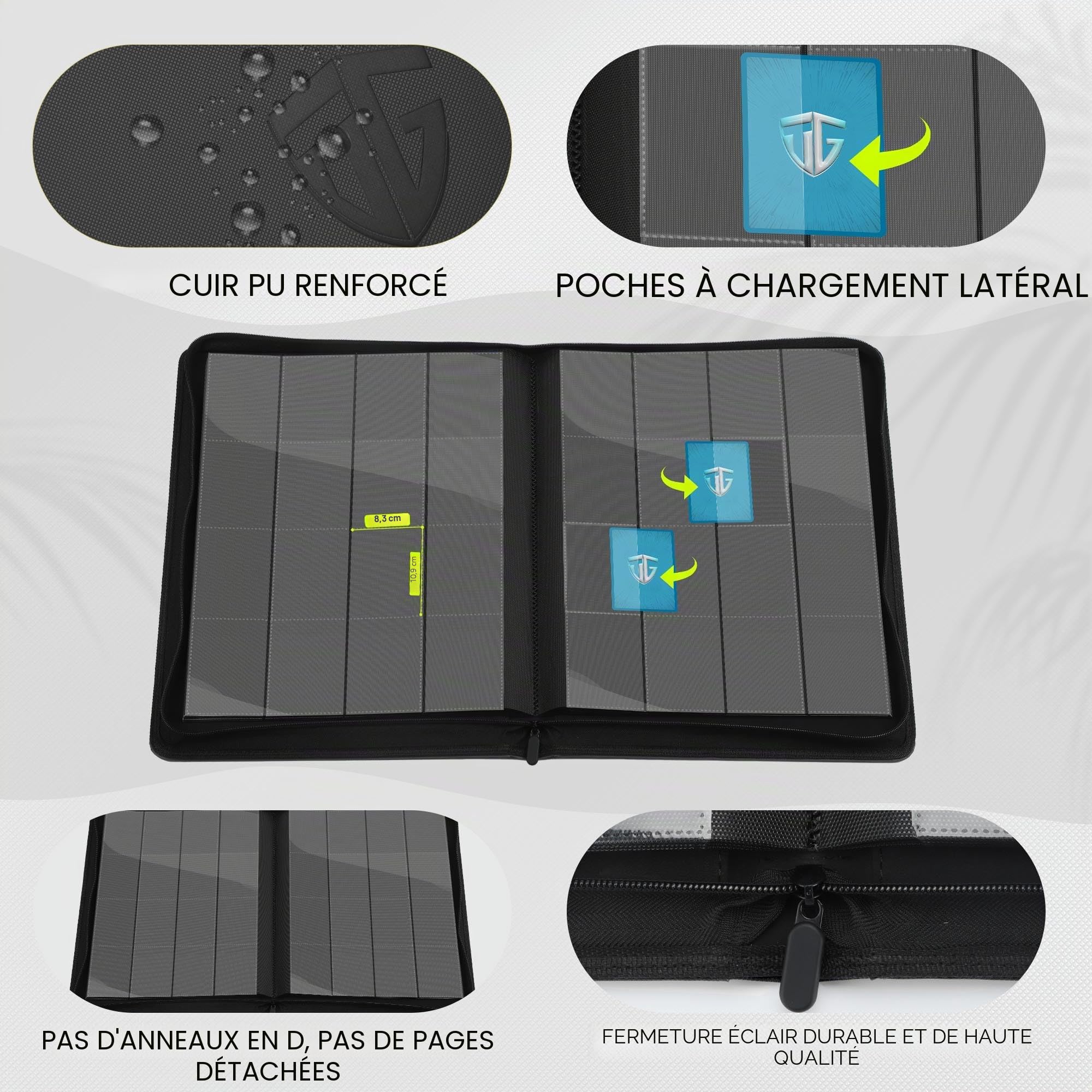 TCGUARD Album de Cartes à Collectionner à 16 Compartiments avec Fermeture Éclair pour Plus de 1000 Cartes, Grand Classeur, Poches de Chargement Latérales Sécurisées, Compatible avec MTG, Noir