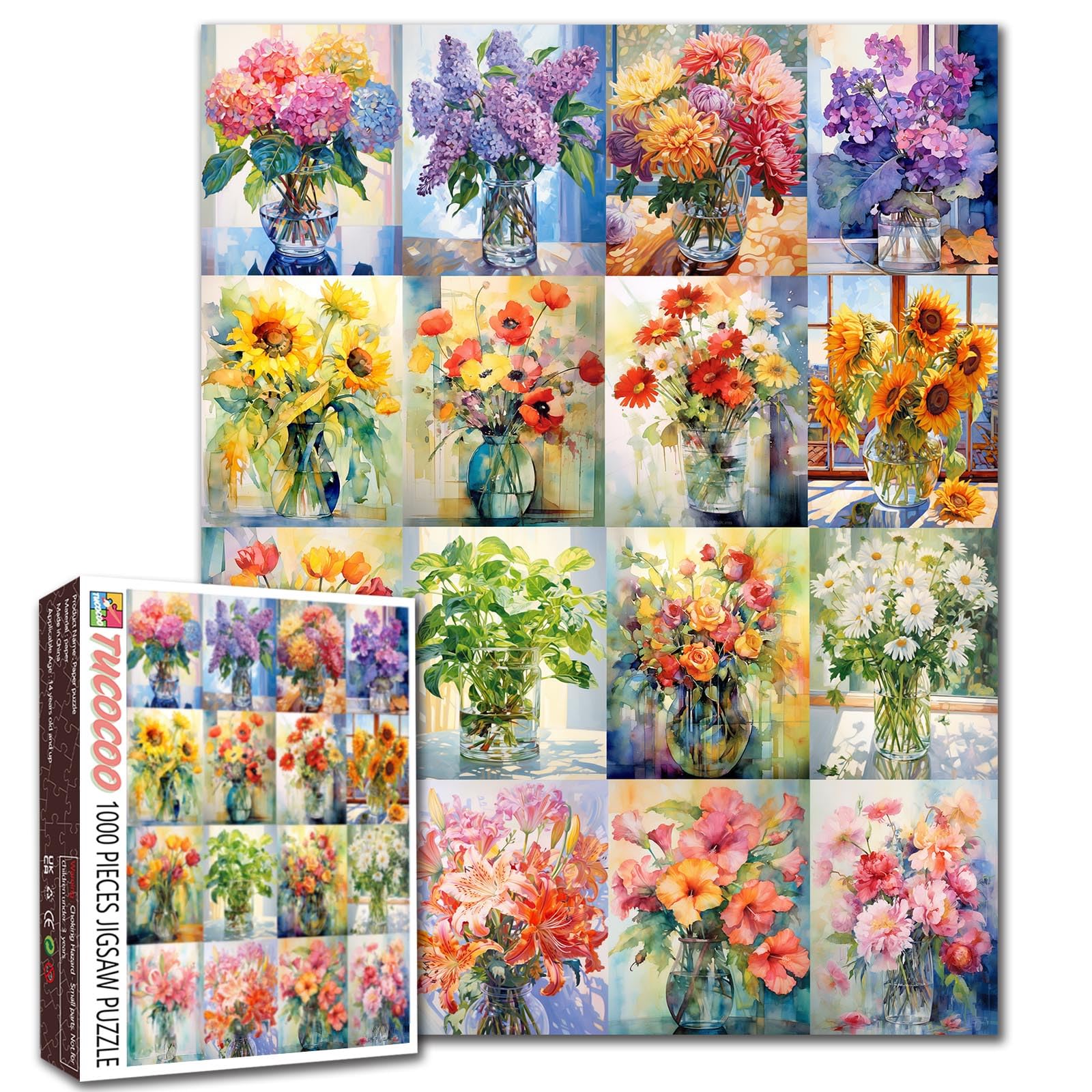 Tucocoo Artwork Colorful Flowers in a Glass Vase Jigsaw Puzzle for Adults, 1000 Pieces, Beautiful Floral Collage for Home Decoration, Gift, Stimulating Puzzle