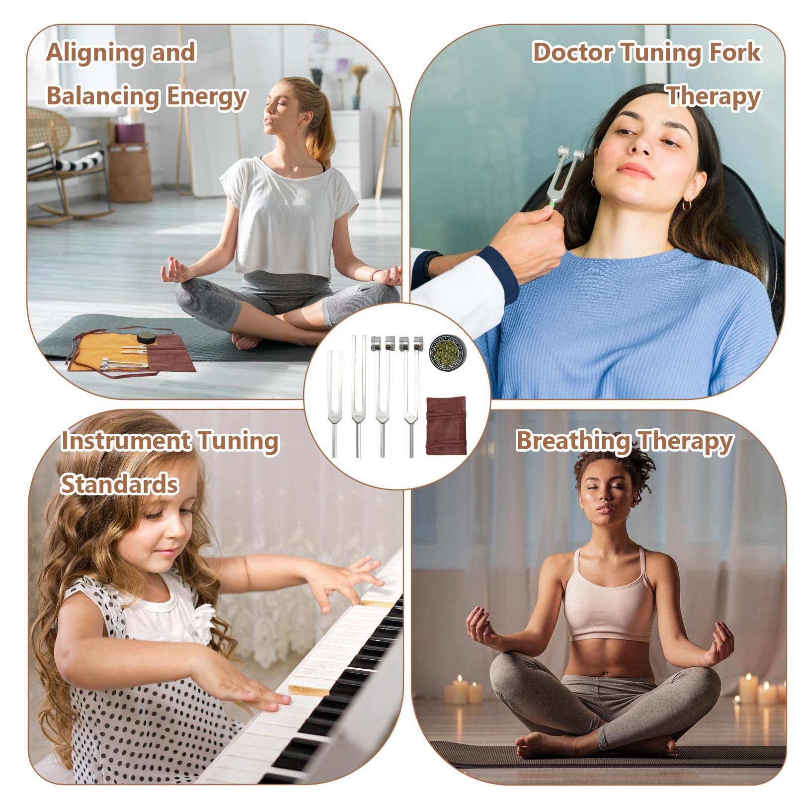 Juego de 4 tenedores de afinación para curación, juego de 4 tenedores de afinación con peso corporal para curación de chakras, 128 Hz, 256 Hz, 384 Hz, 136.1 Hz, aleación de aluminio con bolsa