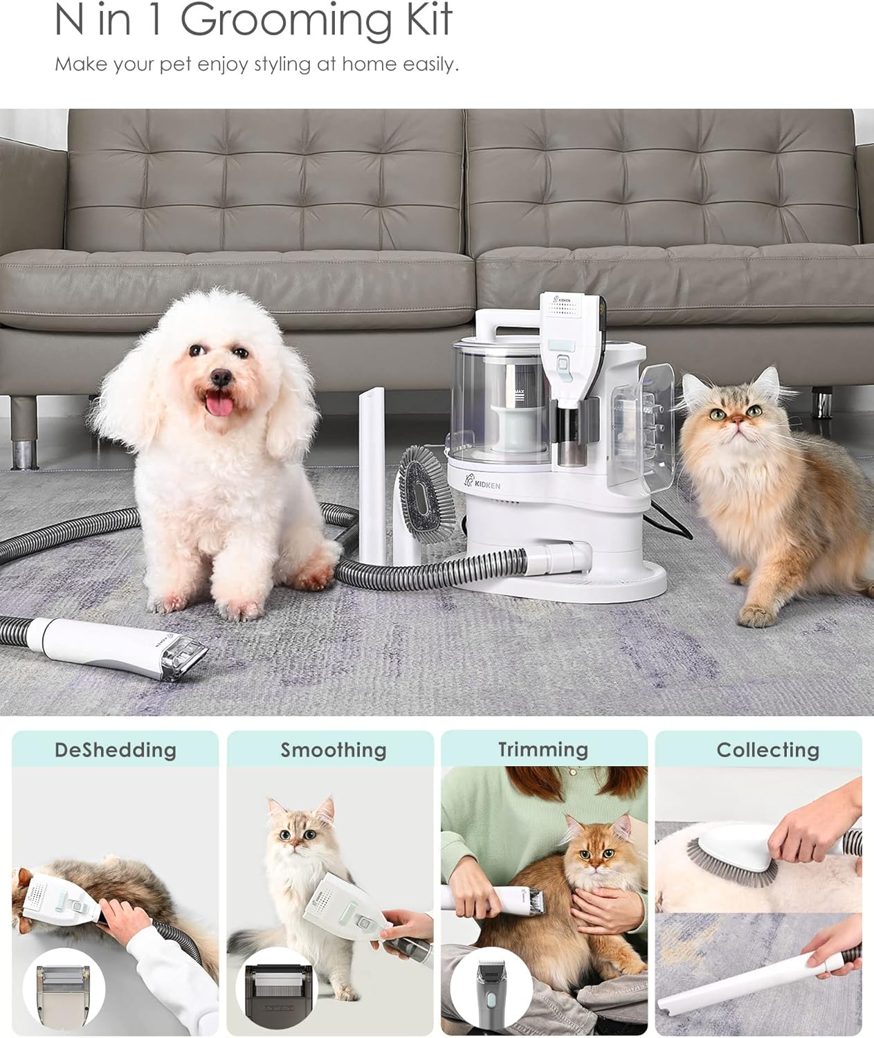 Kidken Low Noise Pet Grooming Vacuum & Dog Grooming Kit with 3.3L Capacity Larger Pet Hair Dust Cup Dog Brush for Shedding Pet Hair Vacuum Cleaner with 4 Proven Grooming Tools for Dog Cat Pet Hair