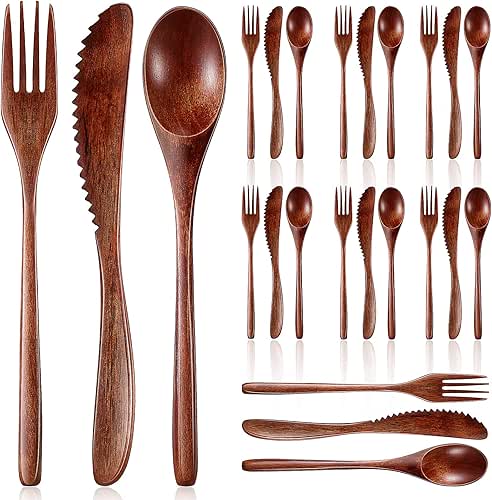 Geiserailie 24 Pcs Wooden Utensils for Eating Wooden Spoon Fork