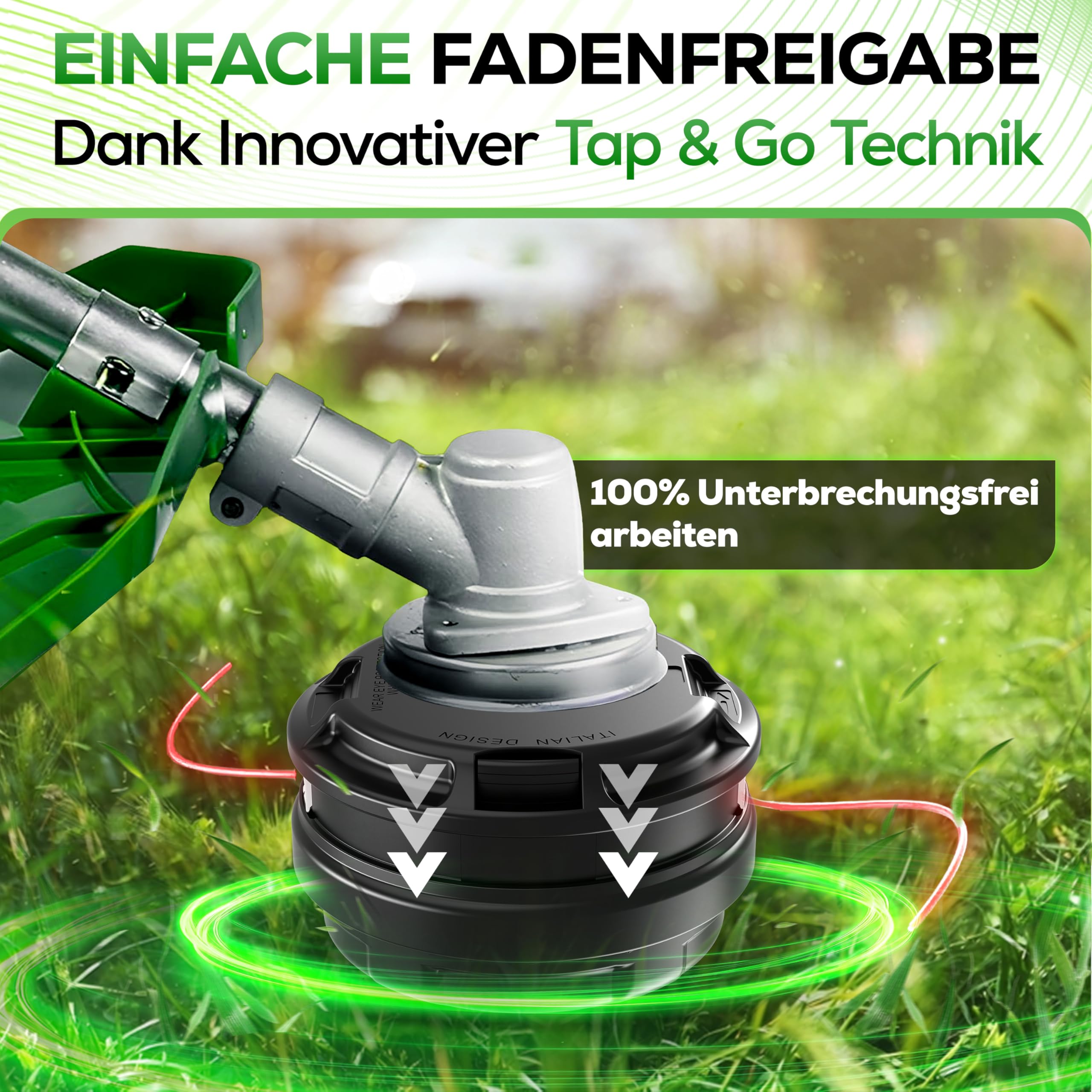Heckenpracht® Fadenkopf für Motorsense LINKSGEWINDE mit Tap & Go System | Effizientes Rasenmähen mit Mähkopf für Freischneider mit Schnellladefunktion - Fadenspule inkl. 5 Adapter