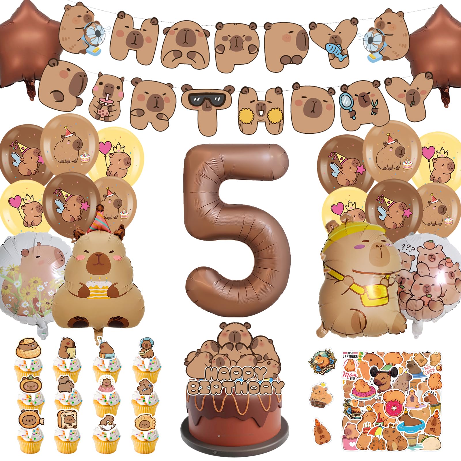 AUNGKWANG Capybara Birthday Decoration 1-12 Years Boy Girl 99 Pieces Capybara Decoration Birthday Set with Balloons Banner Cake Decoration and Stickers for Children's Birthday Party Decoration