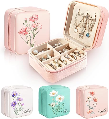 Caramel Sweet Life Joyero Organizador de joyas personalizado Regalos para mamá Pequeño estuche de joyería de viaje con flores de nacimiento