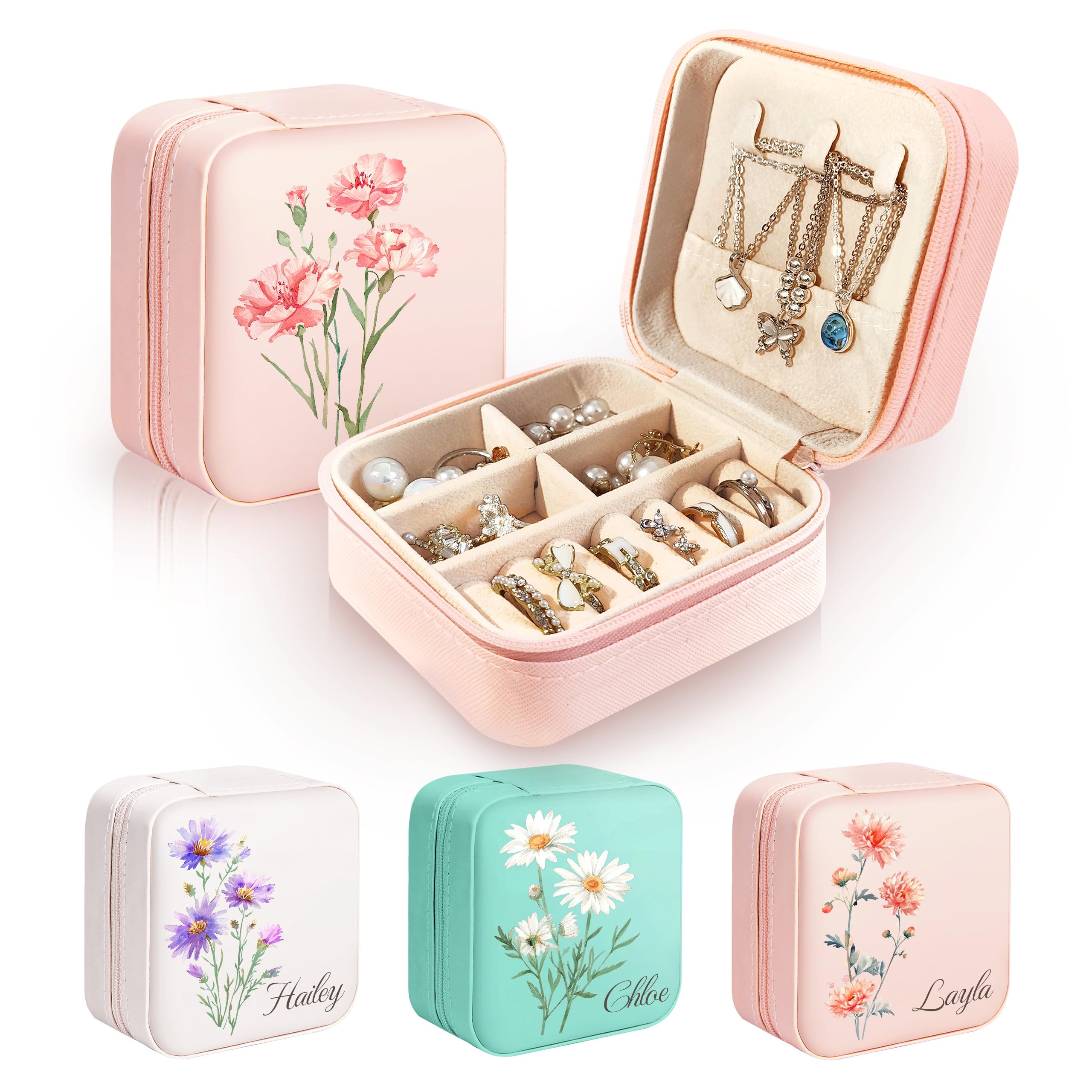 Caramel Sweet Life Jewelry Box Personalized Jewelry Organizer Mom Gifts Small Travel Jewelry Case with Colorful Birth Flowers
