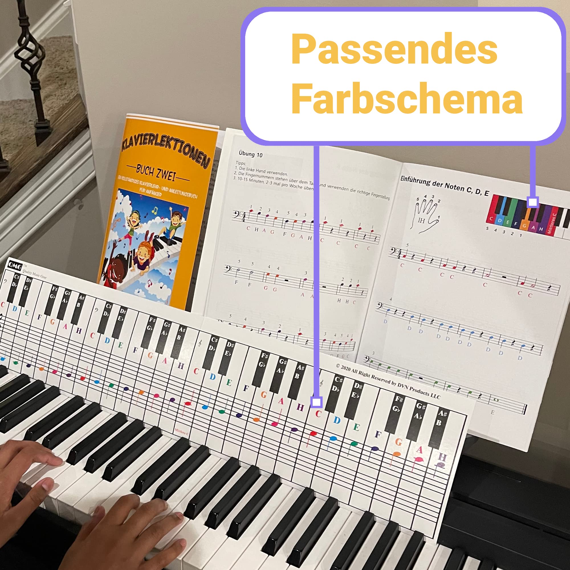 Klavier- und Keyboard-Notentabelle, kompletter Klaviermusikunterricht mit Farbnoten, Handbuch 1 und Handbuch 2 für Kinder und Anfänger