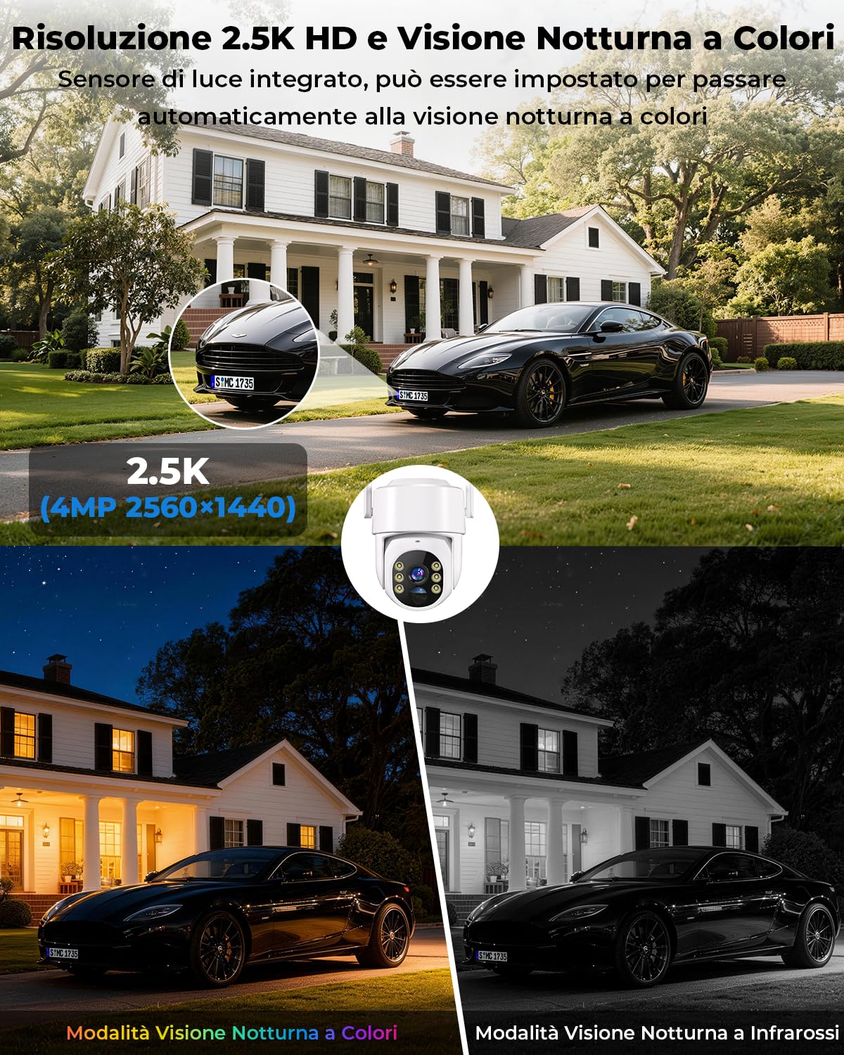 WESECUU Telecamera di Sorveglianza WiFi Esterna Senza Fili Solare 2.5K 4MP con Pannello Solare 5W, 2K QHD, Batteria 8000mAh, Wi-Fi 2.4G e 5GHz, PTZ 360° Seguimento Automatico, IP66, Rilevazione PIR