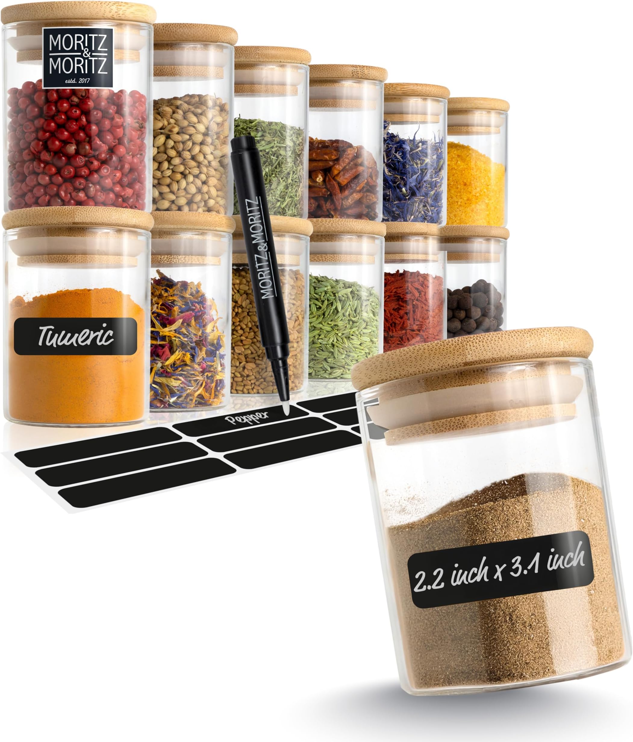 Moritz & Moritz 12x Small Spice Jars with Lids and Labels - Ø 5,5x8cm - 4.4oz/125 ml - Glass Spice Jars with Bamboo Lids with 12 x Labels and 1 x Chalk Pencil