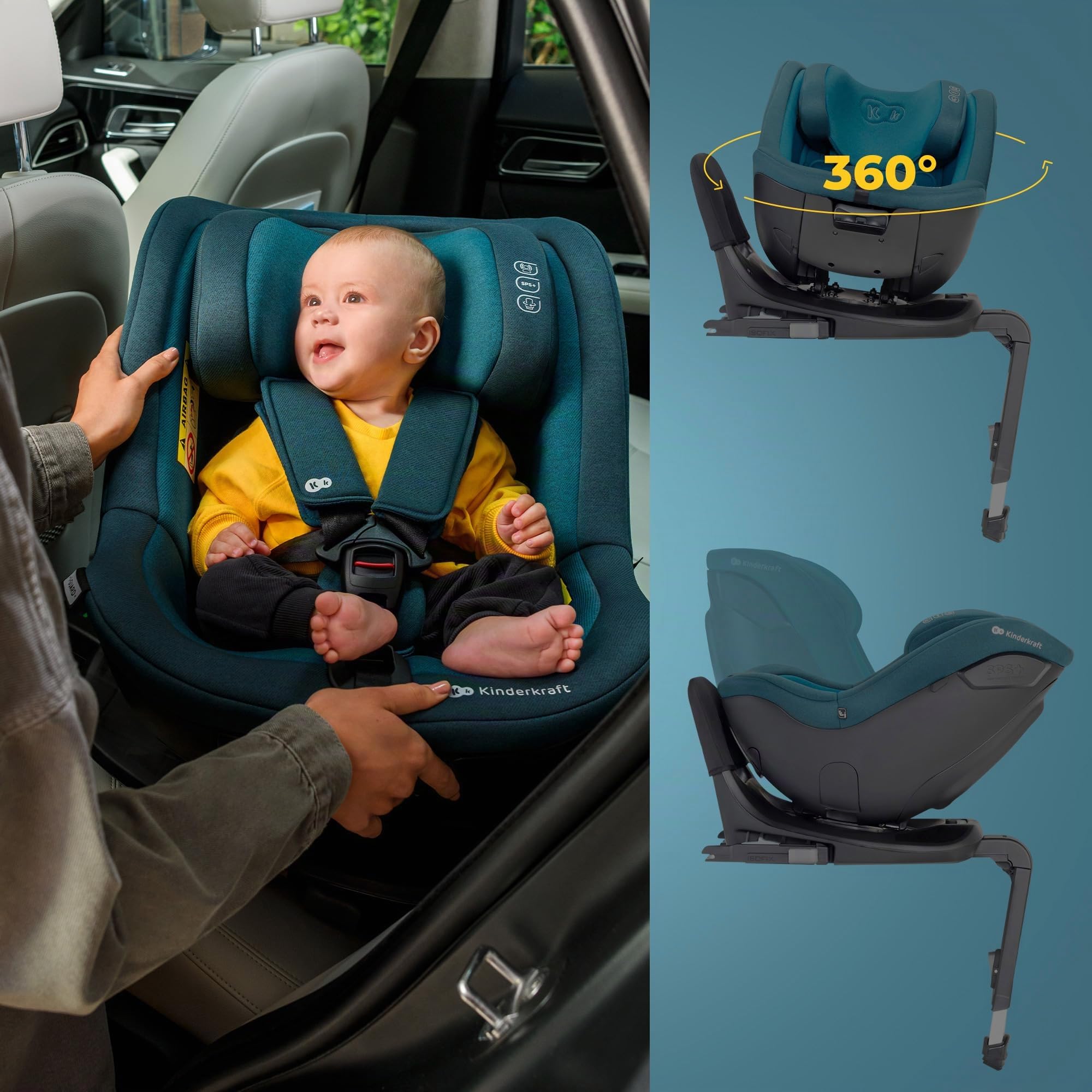 Kinderkraft I-GUARD Seggiolino auto I-SIZE 40-150 cm, Seggiolino 360 girevole, con Isofix Base, Reclinabile Posizione sdraiata, Poggiatesta regolabile, Gruppo 0 1 2, Grigio