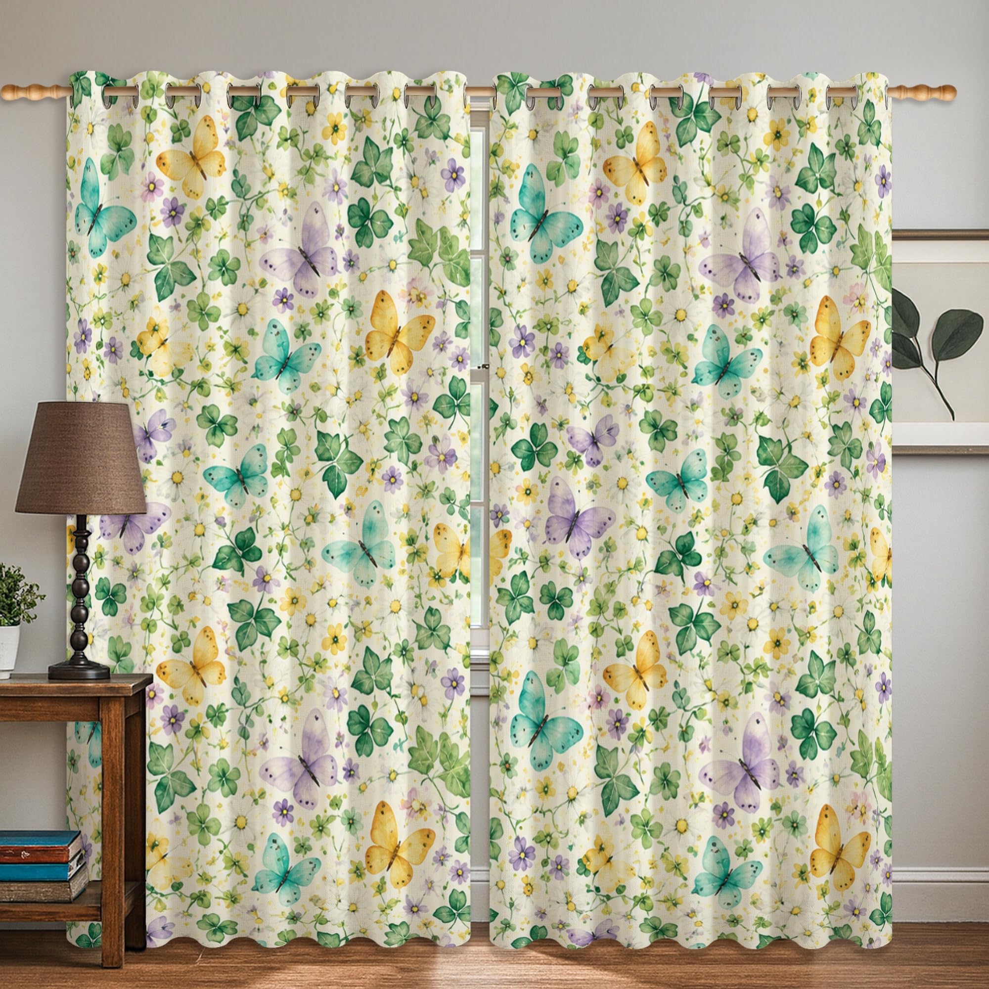 Rideaux occultants motif papillon vert 132 x 160 cm fleurs naturelles