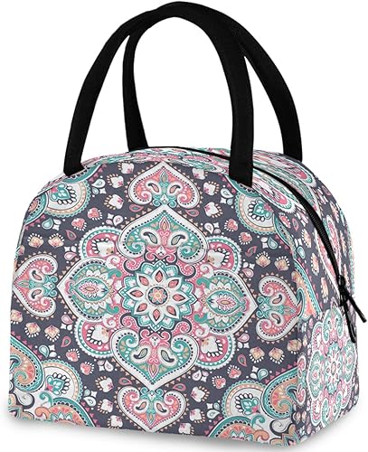 Hermosa bolsa de almuerzo reutilizable con estampado floral indio con bolsillo frontal con cierre de cremallera, bolsa térmica térmica para hombres