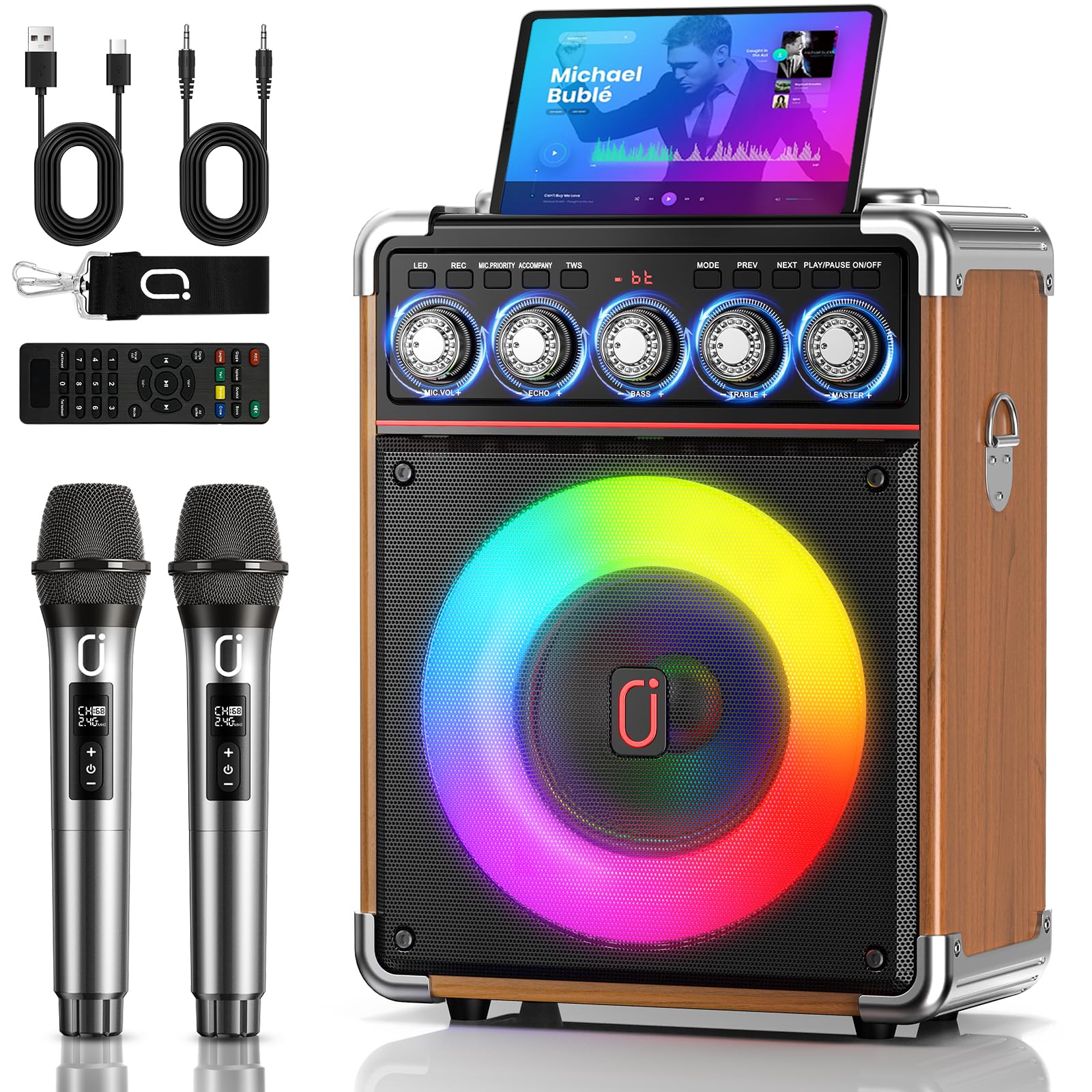 HWWR Máquina de karaoke con 2 micrófonos inalámbricos para adultos, acabado