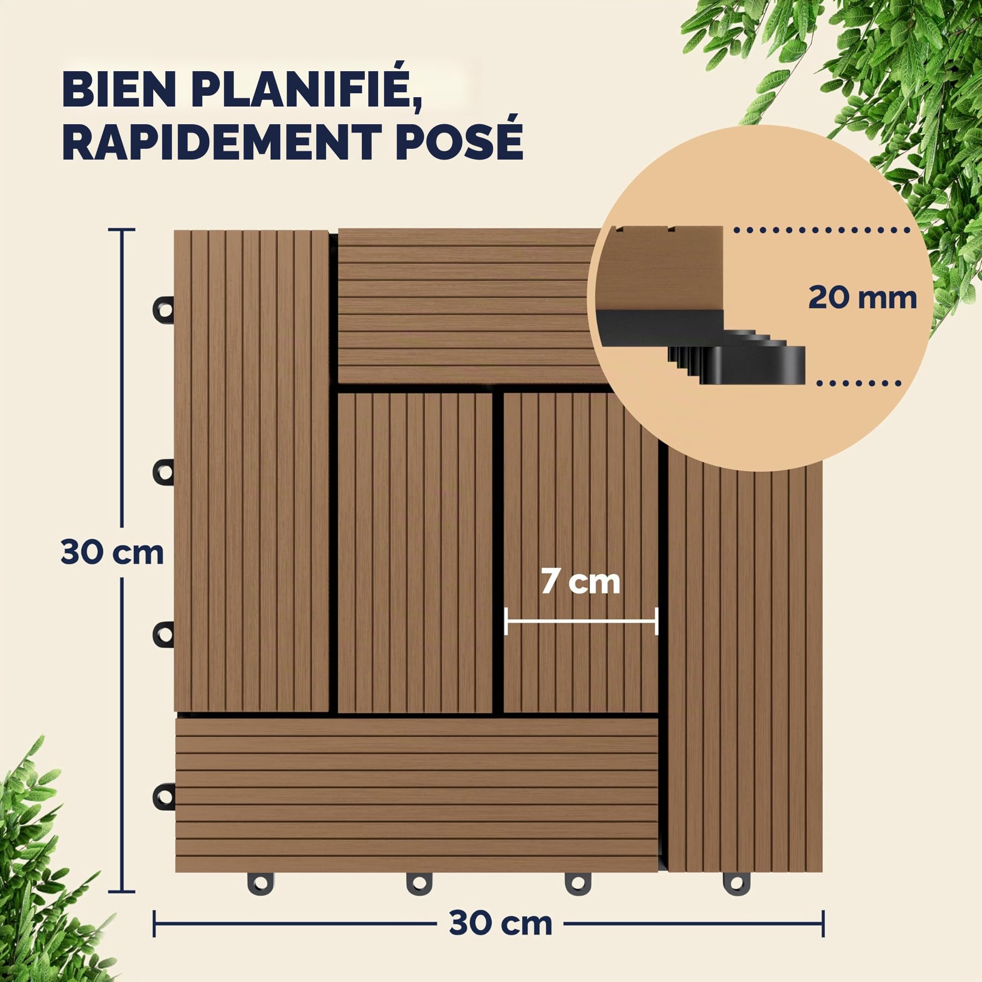 CASARIA® 11x Dalles WPC clipsables 30x30cm dalle terrasse extérieur antidérapant sol jardin caillebotis résistant UV intempéries imitation bois composite balcon mosaïque terre cuite