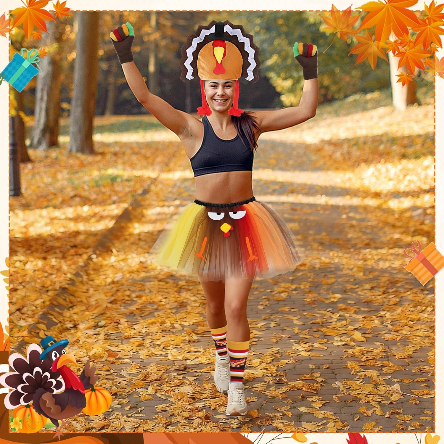 Quelay 4 Pieces Thanksgiving Turkey Costume Set for Women Turkey Trot Costume Thanksgiving Tutu Skirt Turkey Hat Socks Gloves - Image 7