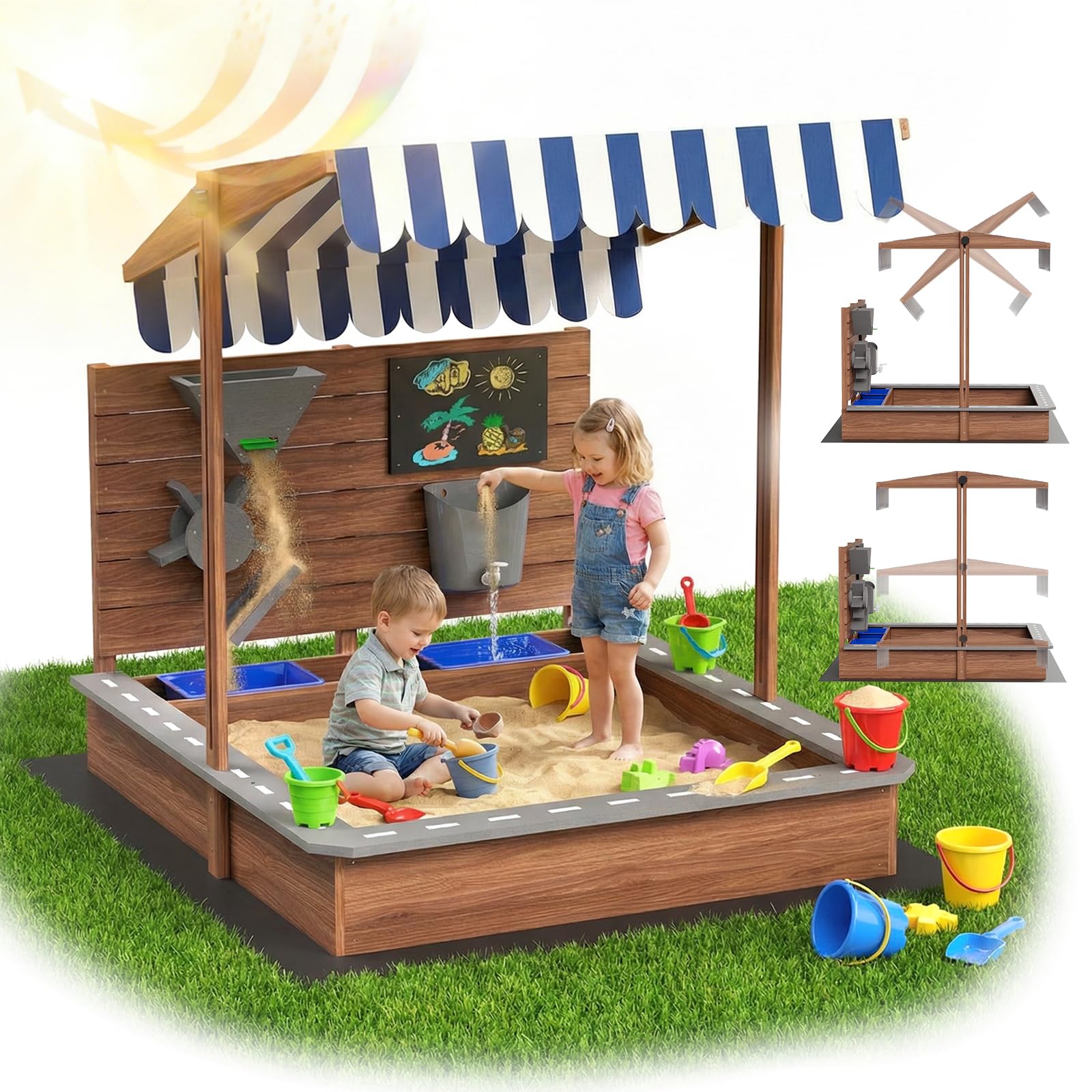 MAMIZO Sabbiere in Legno per Bambini 3-10 anni, Sandbox da Esterno Tetto Regolabile, Recinto di Sabbia con Lavagna, Rubinetto, 2 Bacinella, Playhouse per Giardini, Spiagge, Balconi, 100x111x105 CM