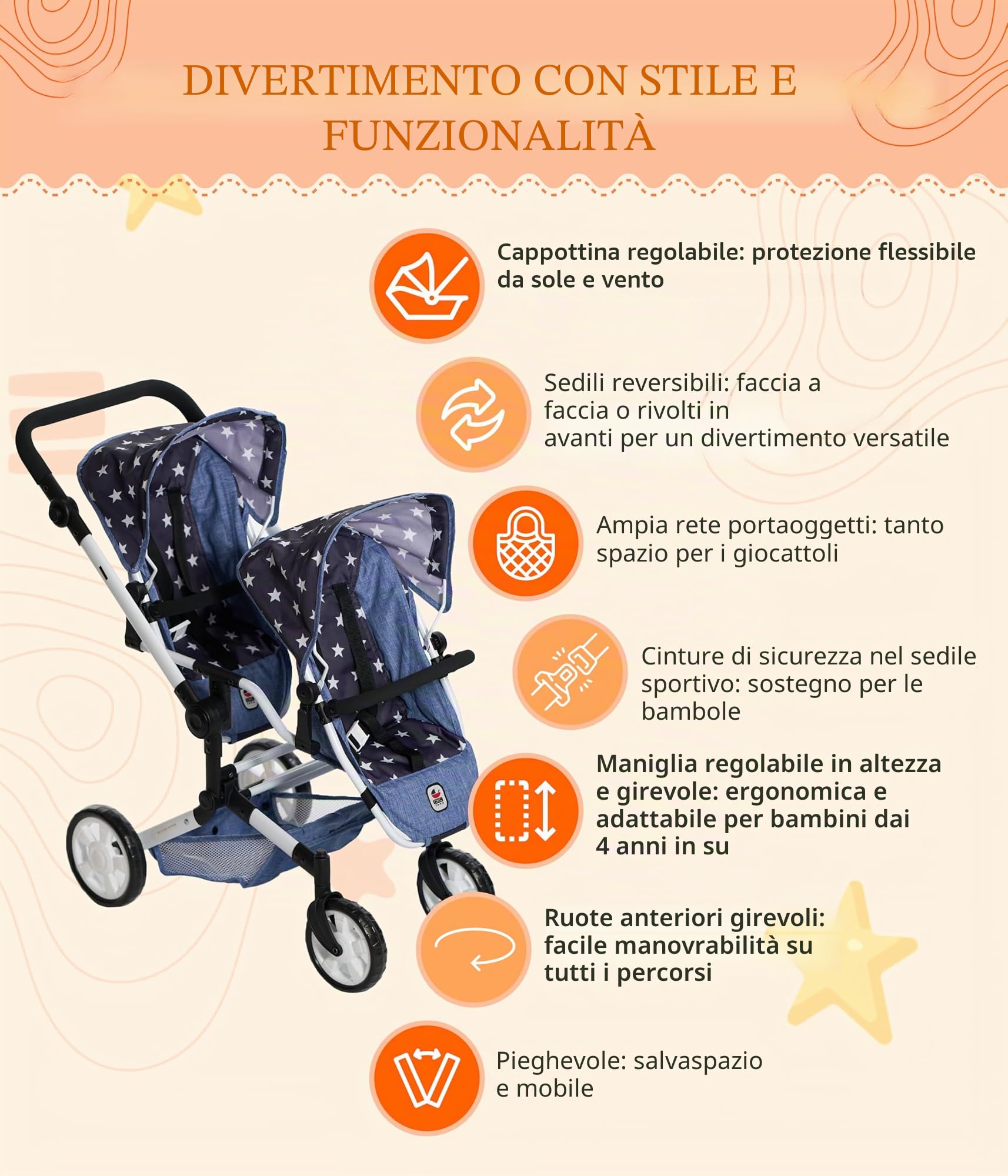 Bayer Chic 2000 - Passeggino per bambole Linus Duo, passeggino gemellare per bambini dai 4 agli 8 anni, jeans grigio, 690-76, 82 x 41,5 x 79 cm