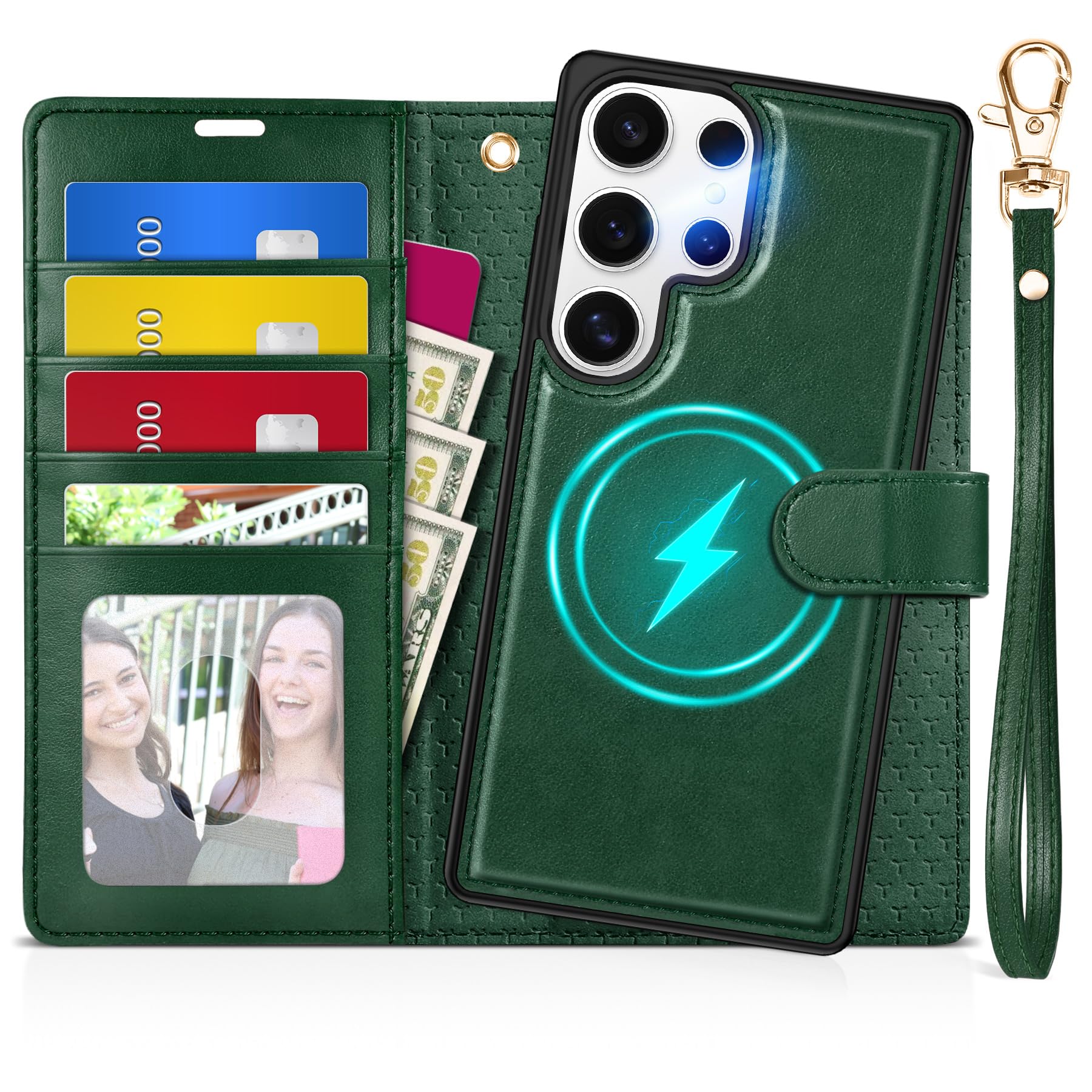 TUCCH Wallet Case for Galaxy S25 Ultra, [Removable] 2 in 1 [Wireless Charging] Wrist Strap RFID Blocking [4 Card Slot] PU Leather Stand Cover, Magnetic Detachable Folio for Galaxy S25 Ultra, Evergreen