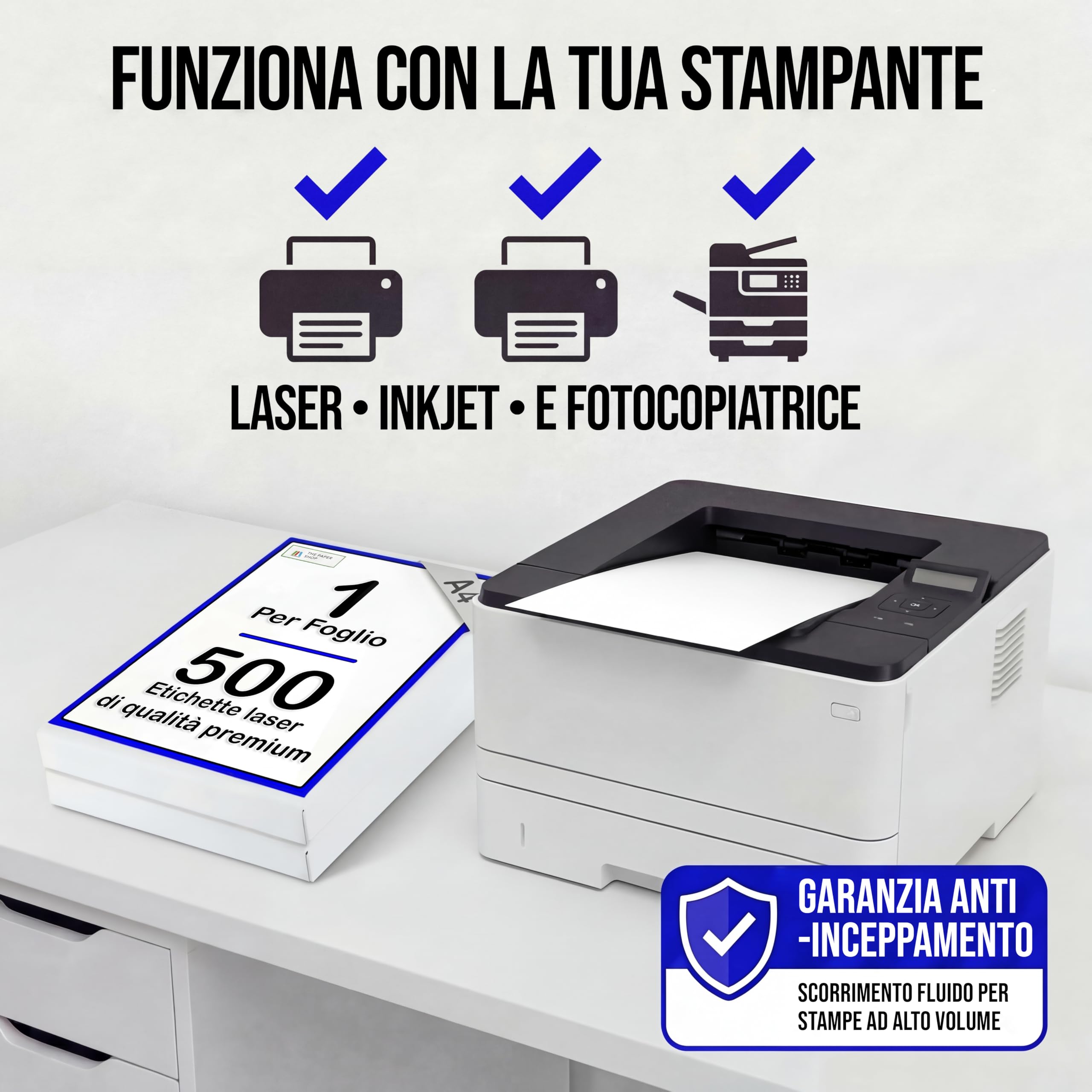 Carta adesiva A4, 1 per foglio, 500 etichette autoadesive per stampanti laser e a getto d'inchiostro, carta bianca per etichette A4 per indirizzi, spedizioni, Logistica di Amazon The Paper Shop