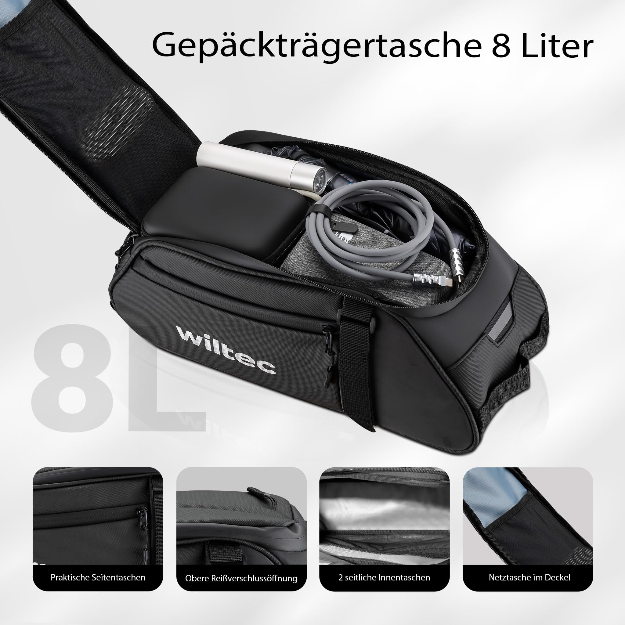 Wiltec Gepäckträgertasche schwarz, Fahrradtasche Gepäckträger 8 l Stauraum, Gepäcktasche mit Tragegurt, Fahrrad Tasche wasserresistent mit Reflektoren