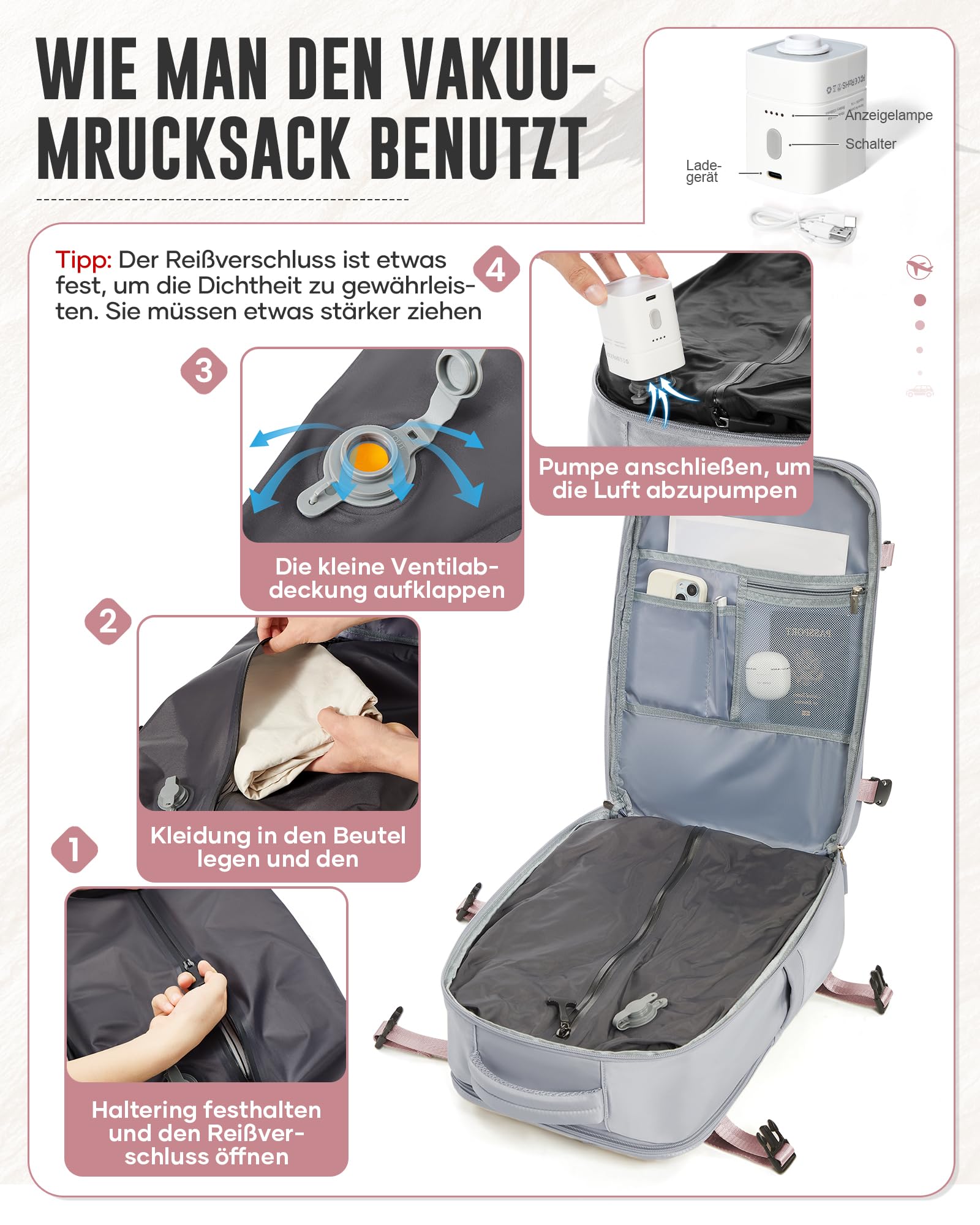 Vakuum Rucksack Handgepäck Flugzeug mit Schuhfach, Ryanair Reiserucksack Handgepäck mit Vakuumsystem, Rucksack Wasserdicht Laptop 14 Zoll für Damen Herren Airbag(Grau)